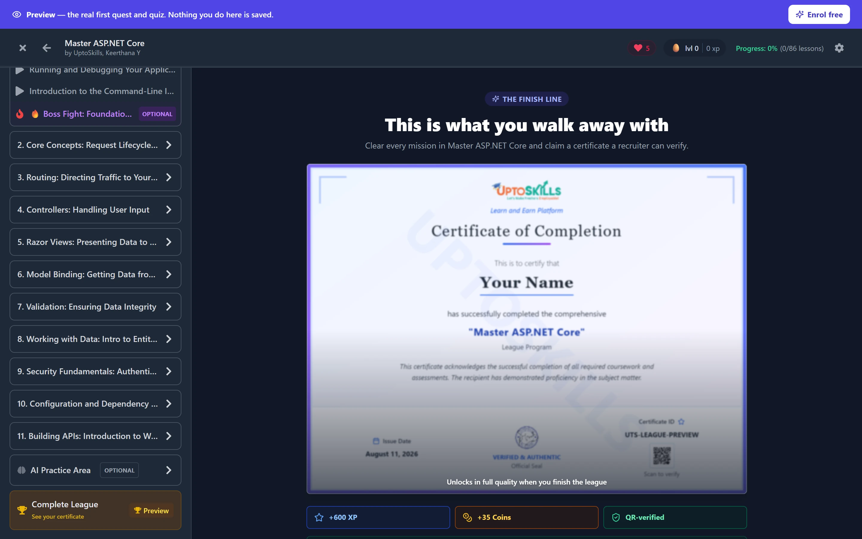 UptoSkills QR verified certificate of completion preview