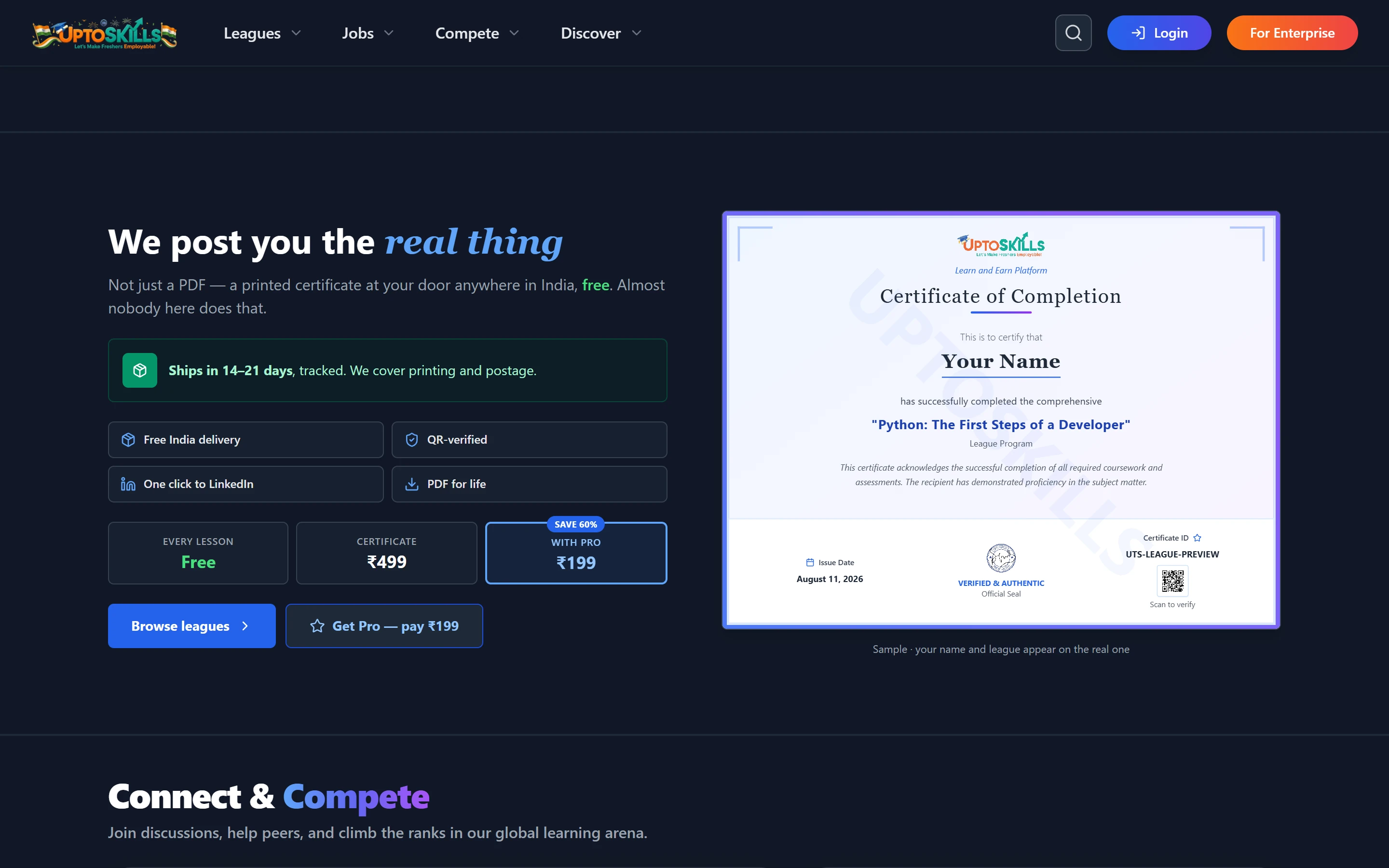 UptoSkills certificate pricing 499 or 199 with Pro and free India delivery