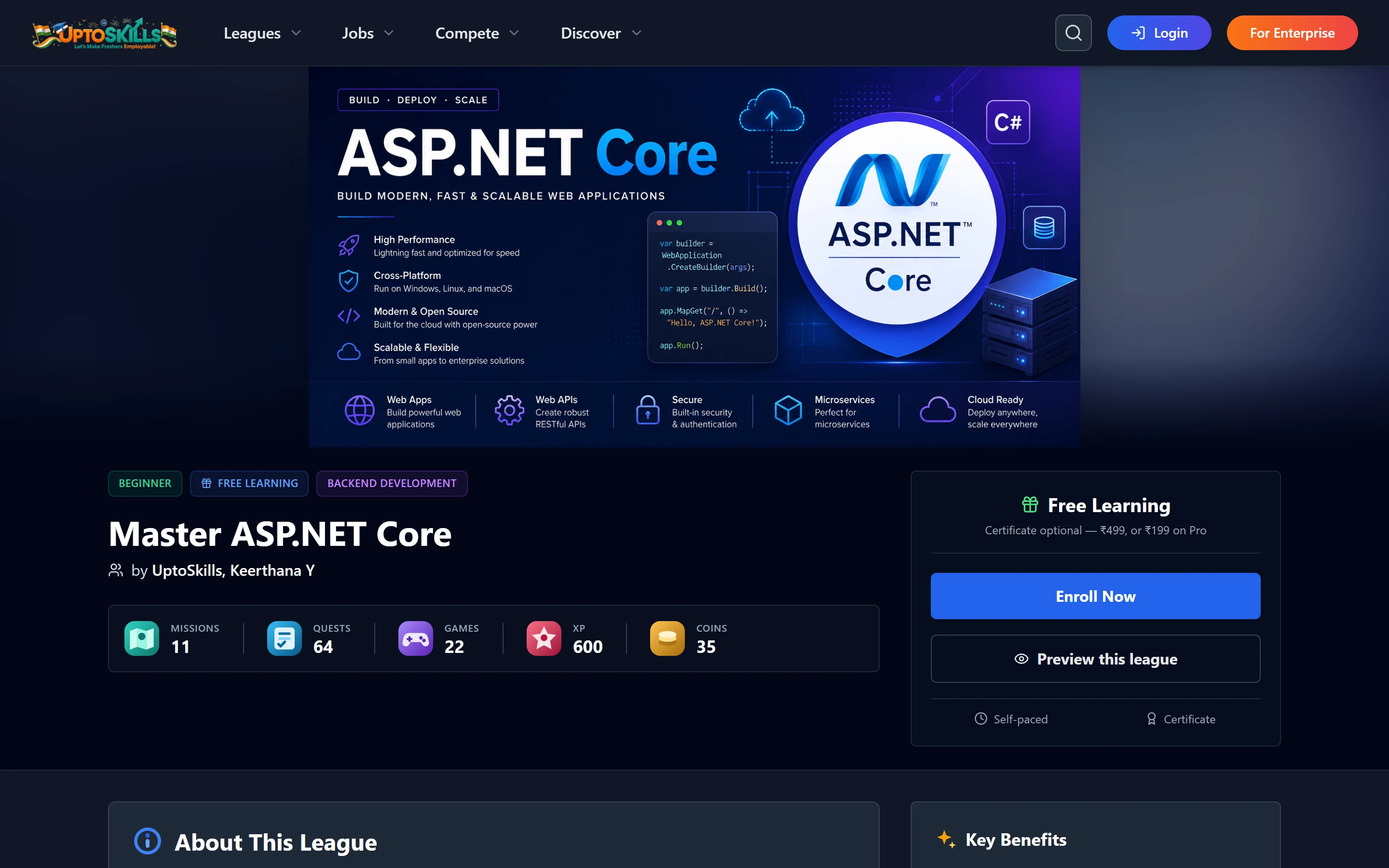 UptoSkills League page showing progress and certificate option