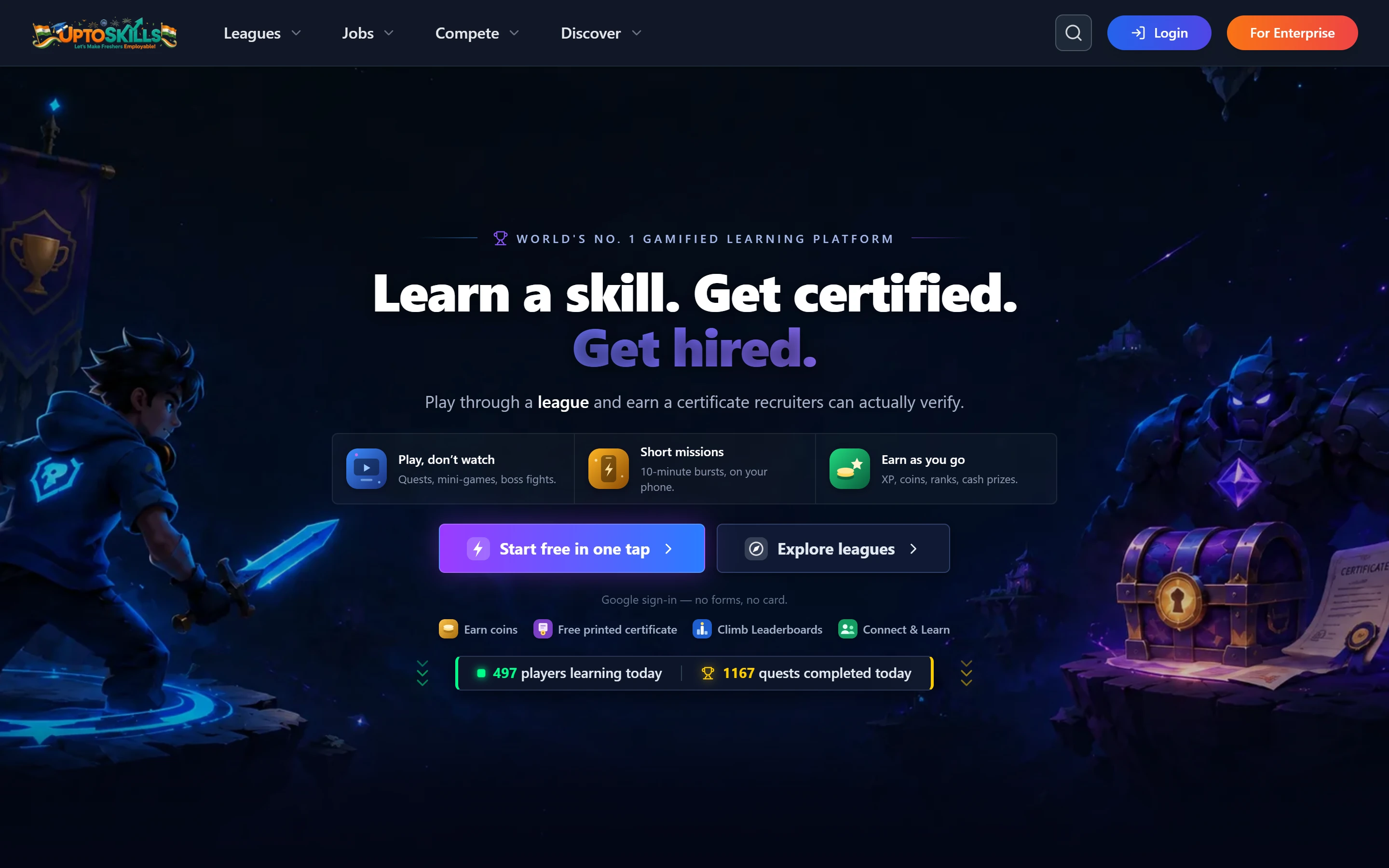 UptoSkills Leagues free online courses homepage in India