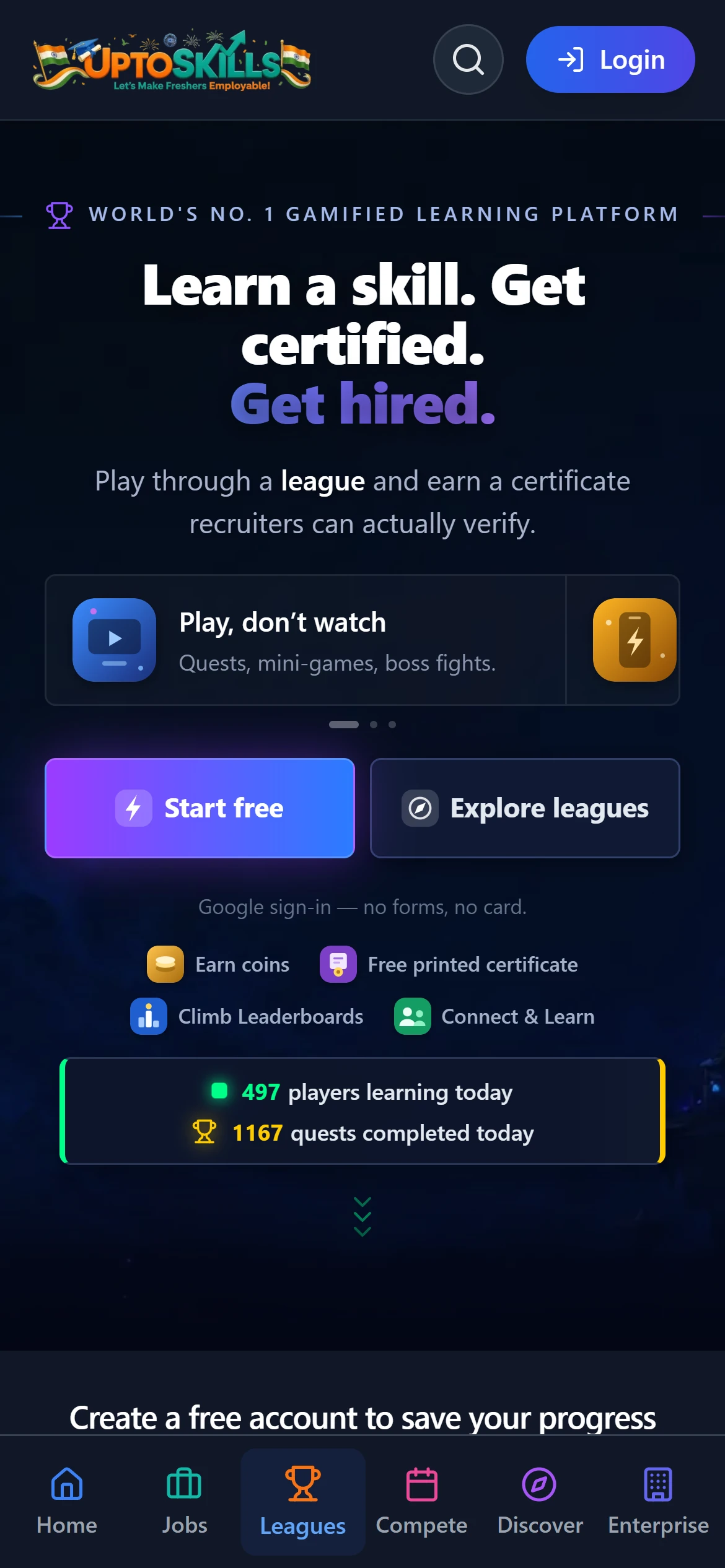 UptoSkills Leagues on mobile designed for 10 minute bursts