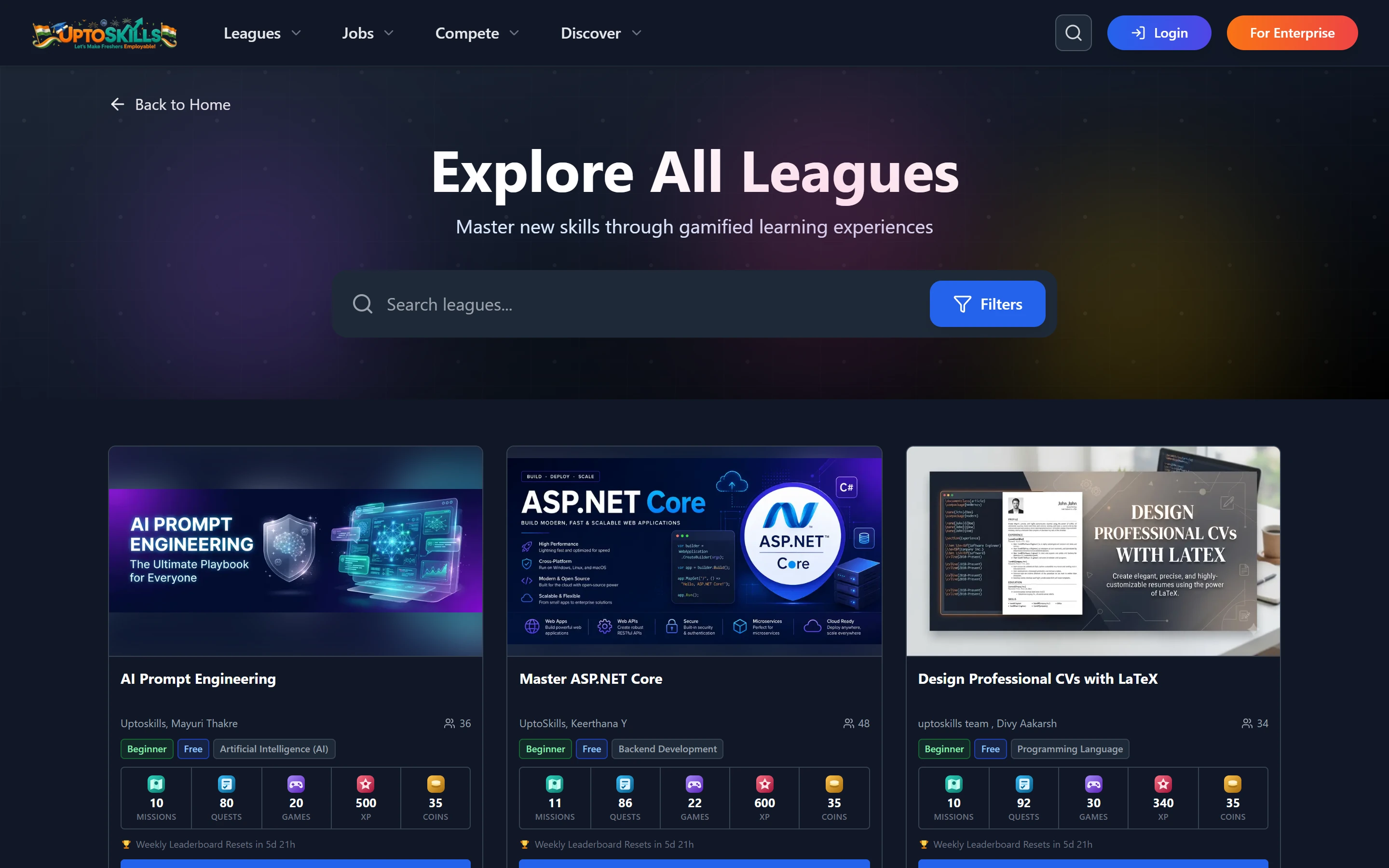 Browse all 50 free UptoSkills Leagues by category