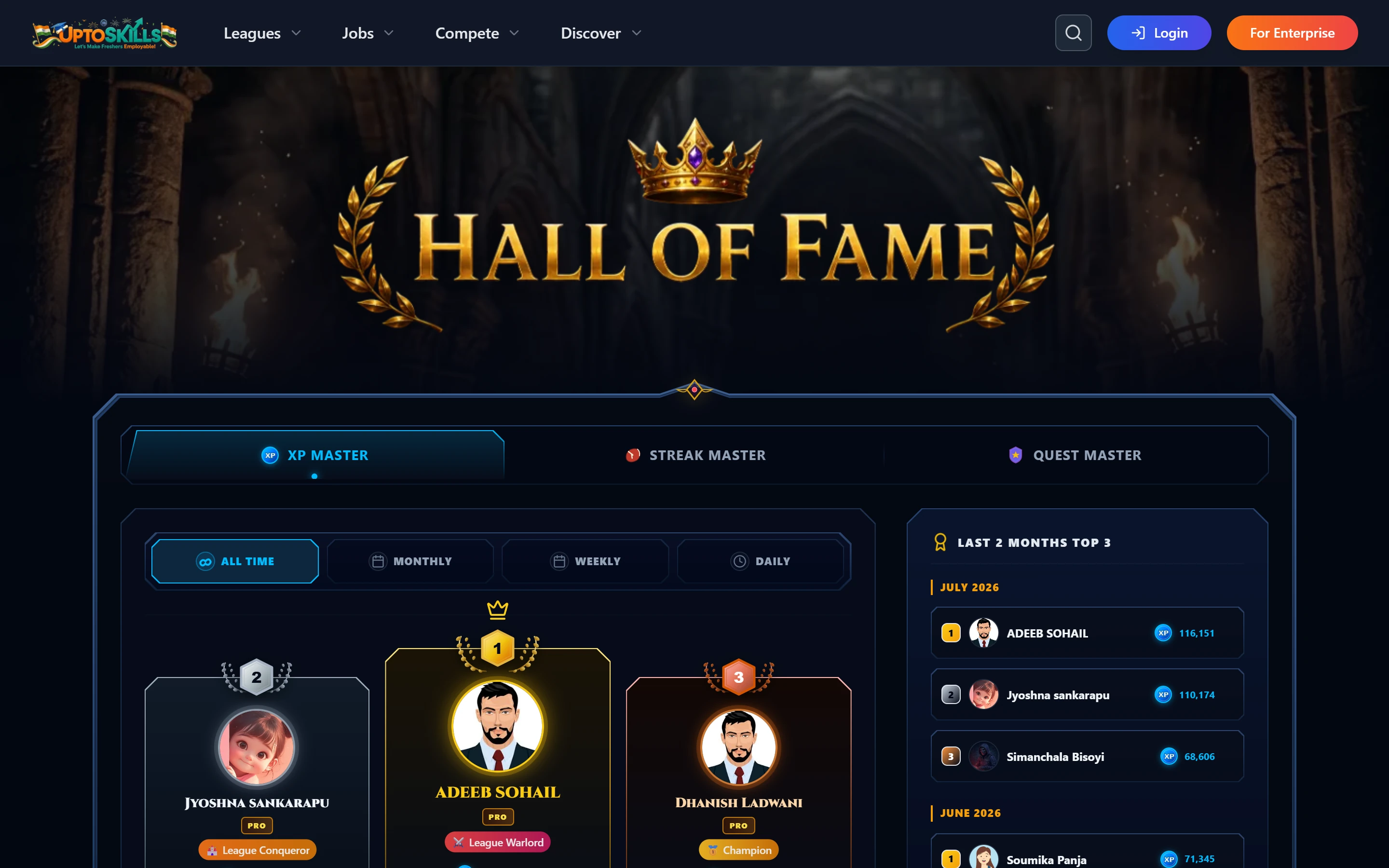 UptoSkills Hall of Fame leaderboard with XP masters and streaks