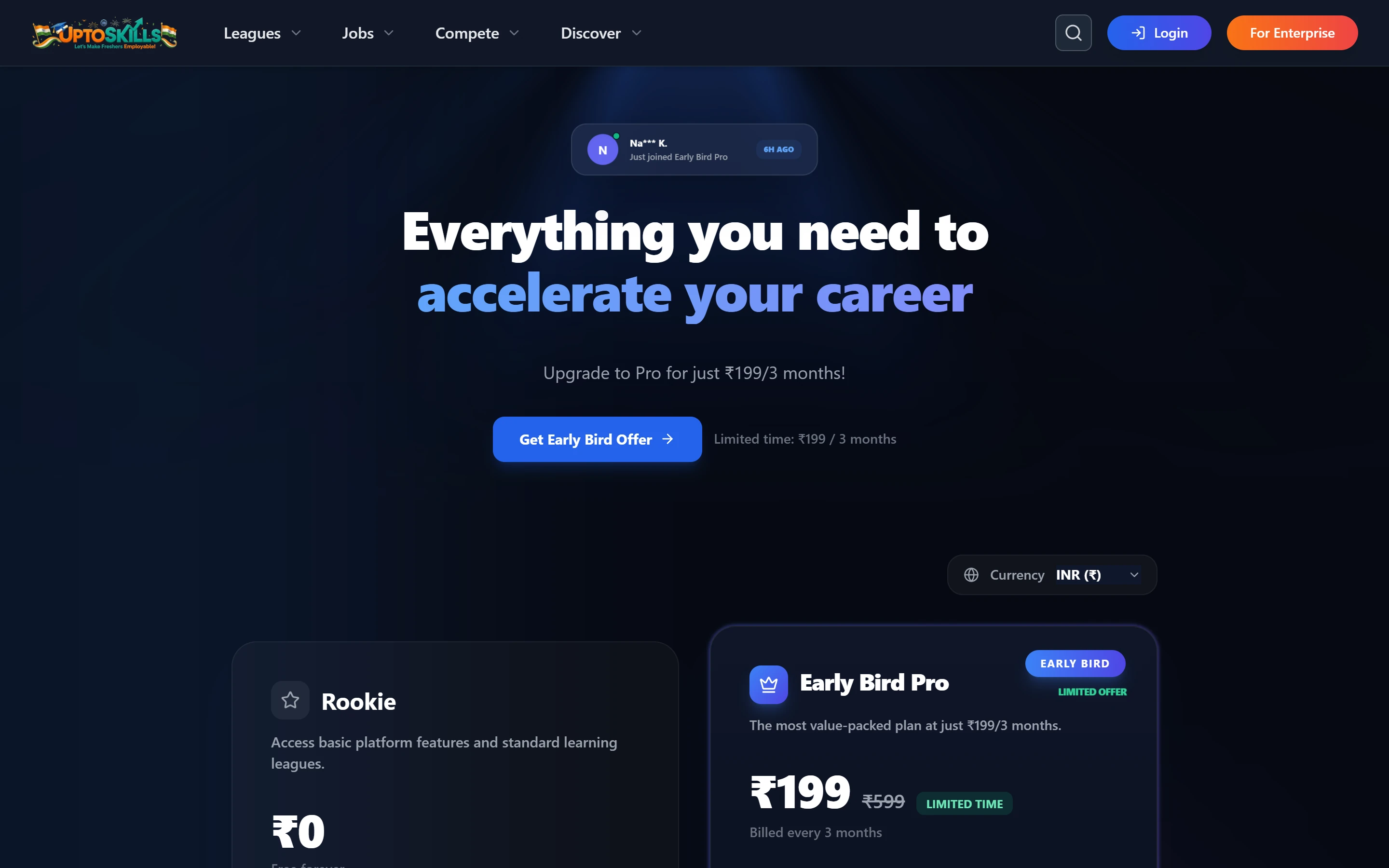 UptoSkills Pro subscription plan 199 rupees for 3 months