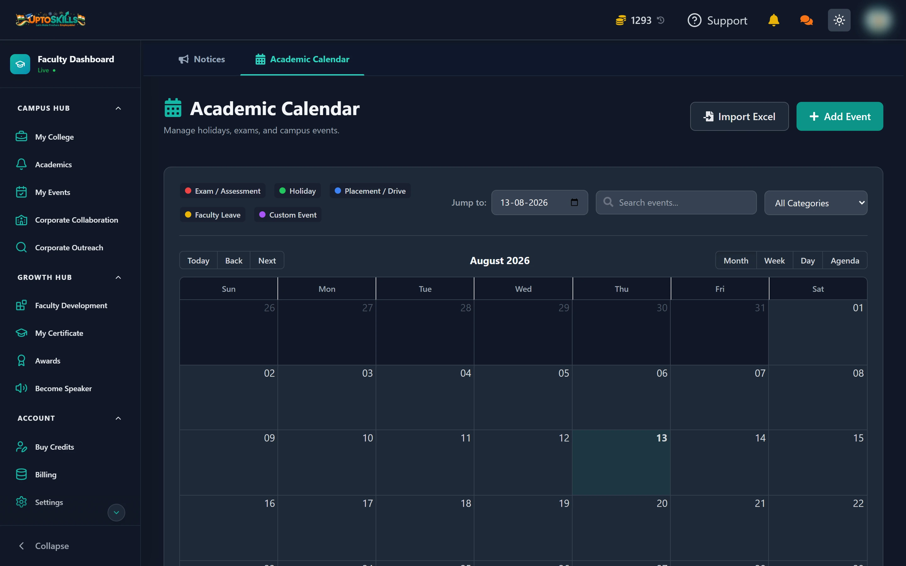 Academic Calendar for Faculty: Exams, Holidays and Drives