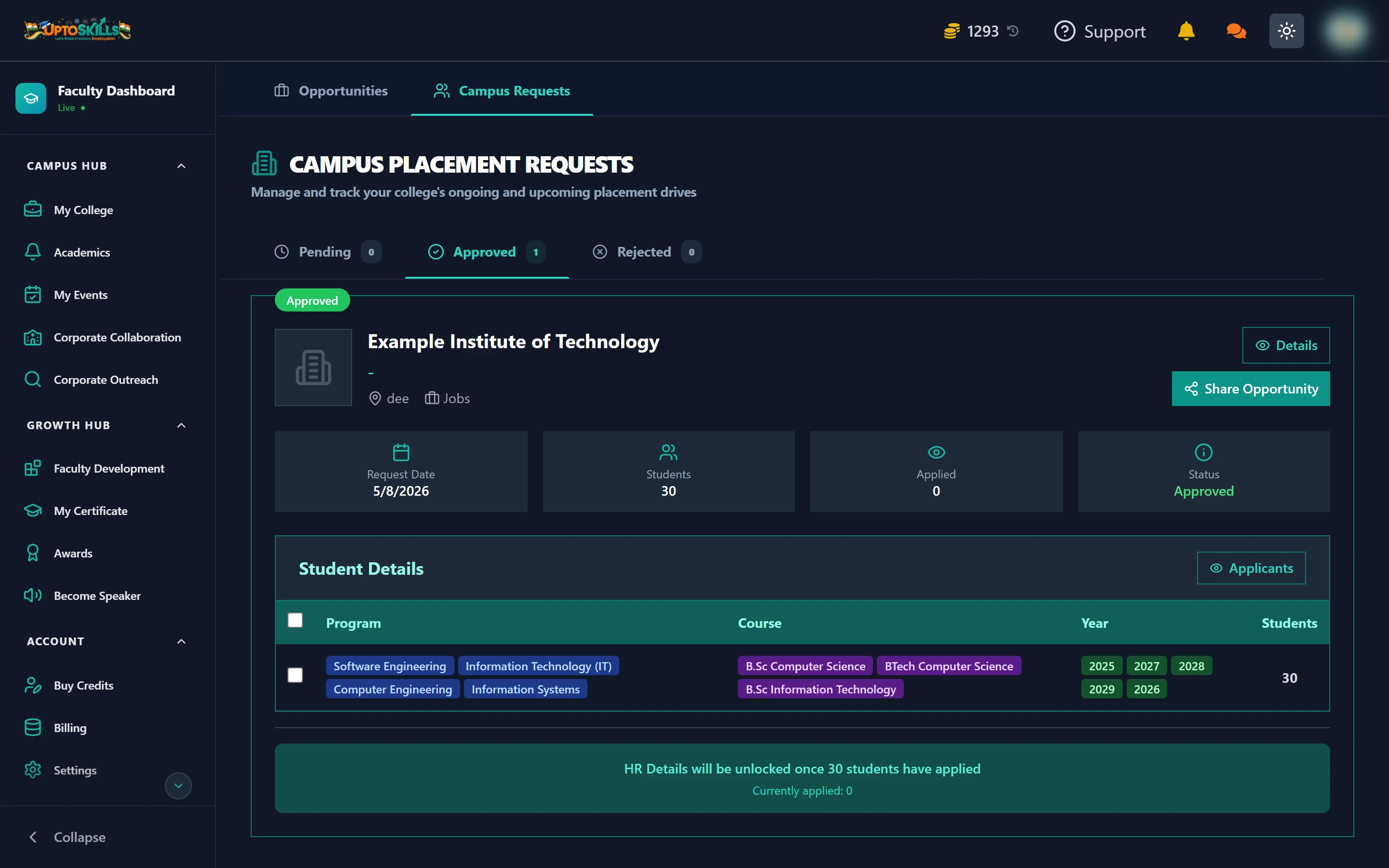 Campus Placement Requests with Pending, Approved and Rejected tabs and drive details