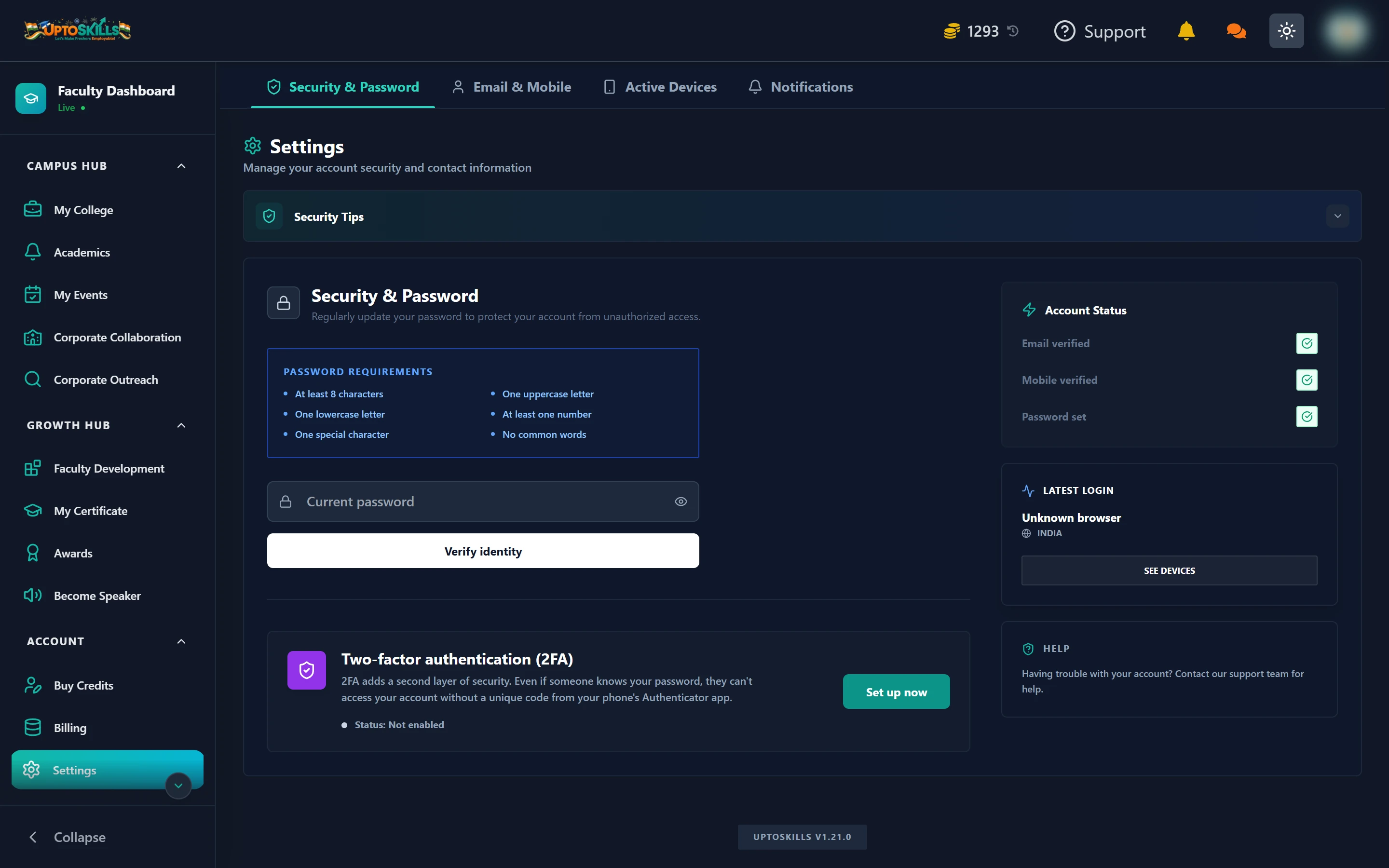 Faculty account settings showing password, two-factor authentication and active devices