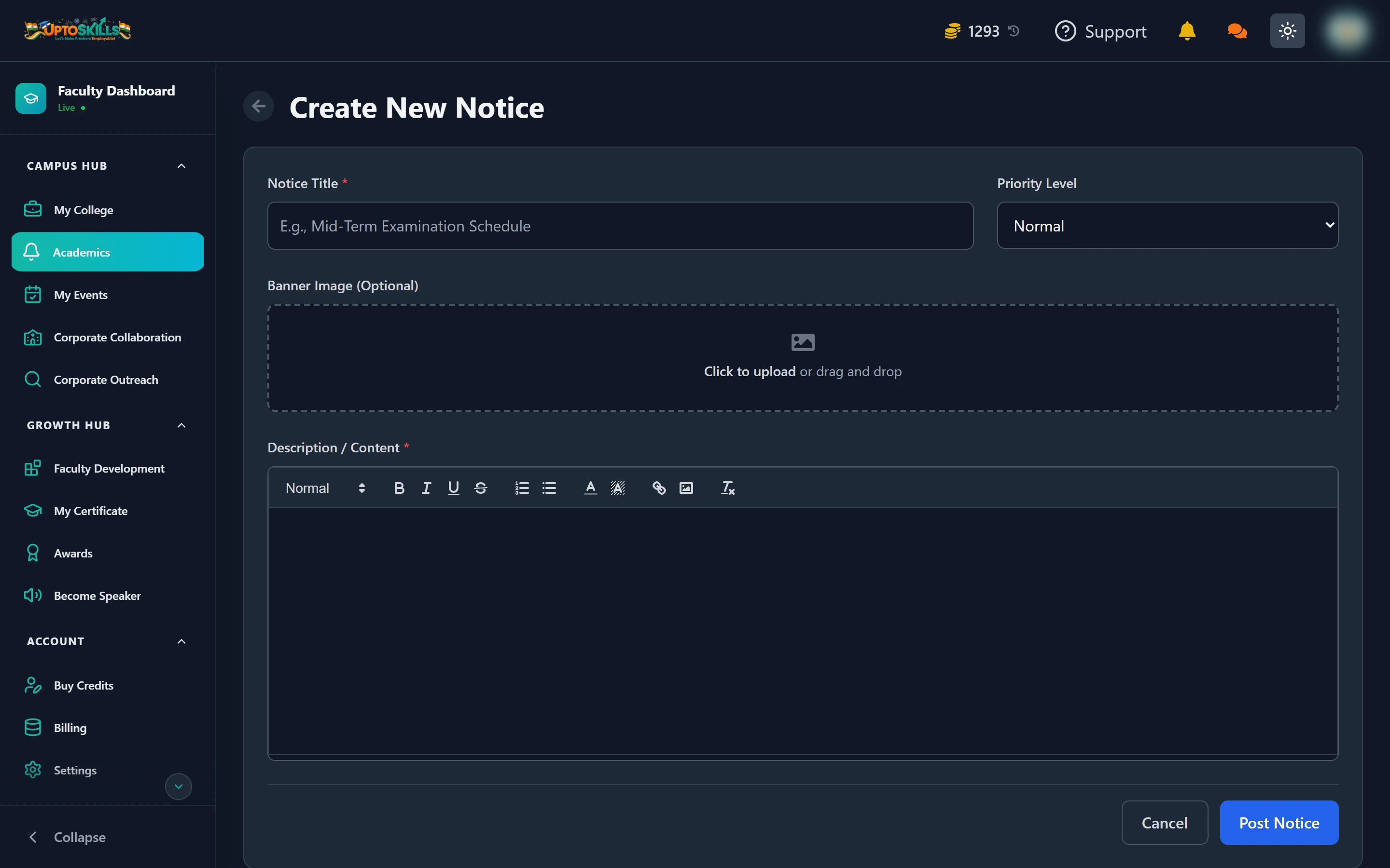 Create New Notice form with title, priority level, banner image and description