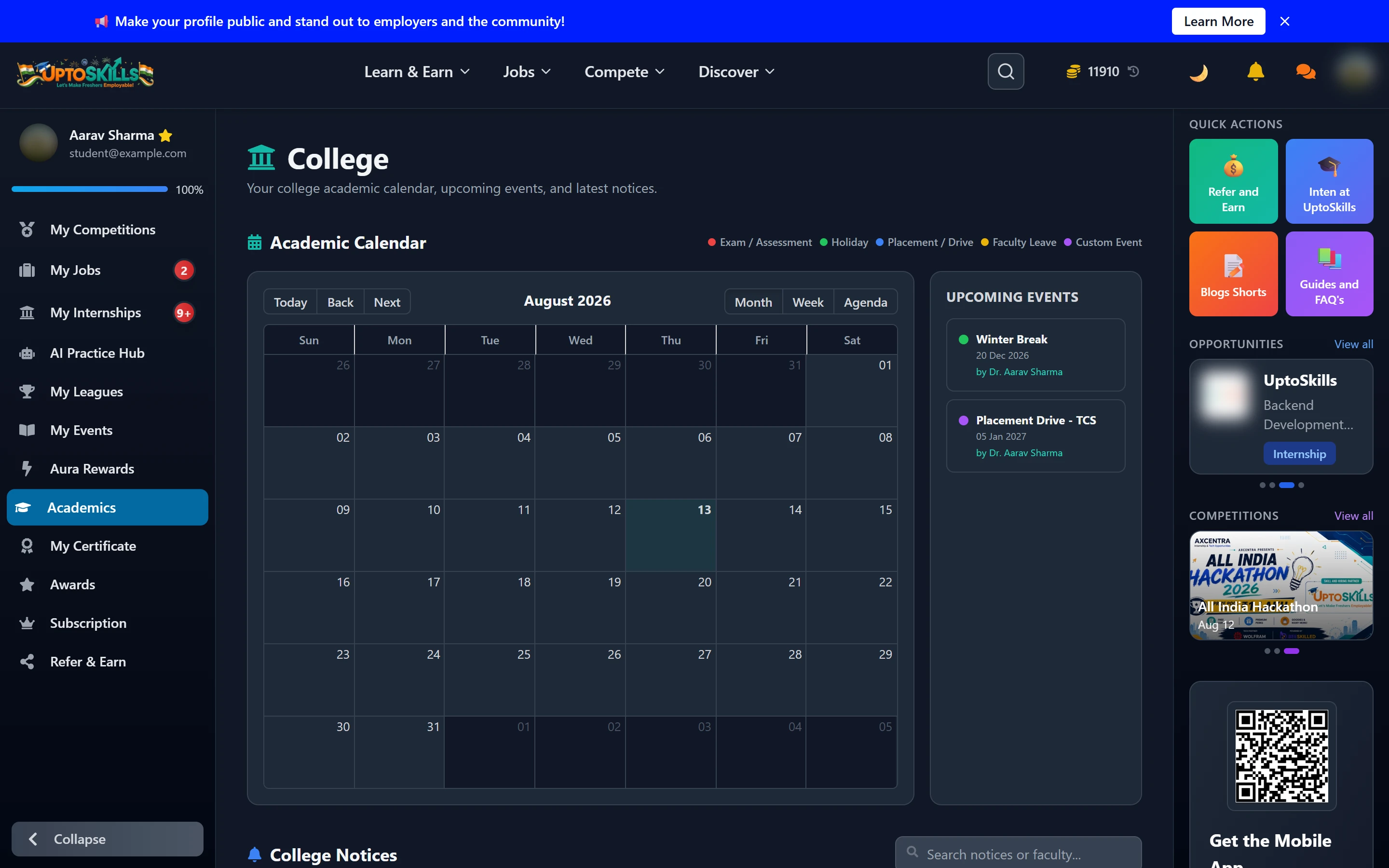 Academics, College Notices and Hosting Events as a Student