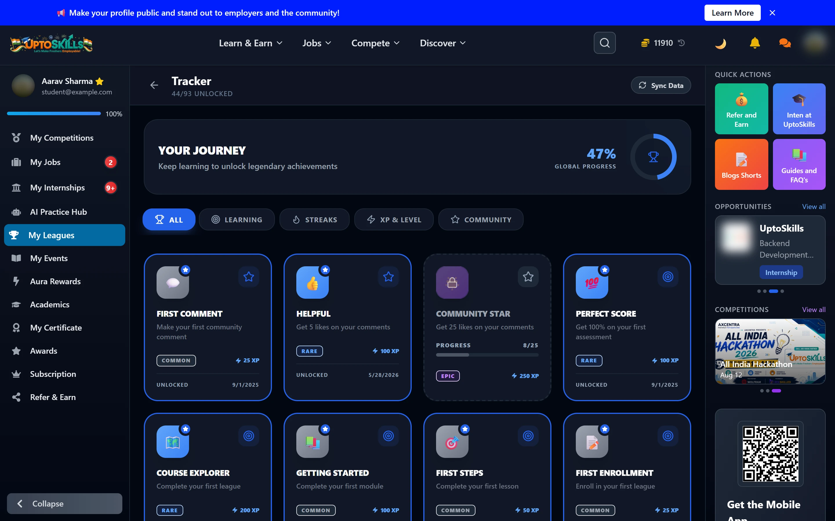 Achievement tracker showing unlocked achievements by rarity and category
