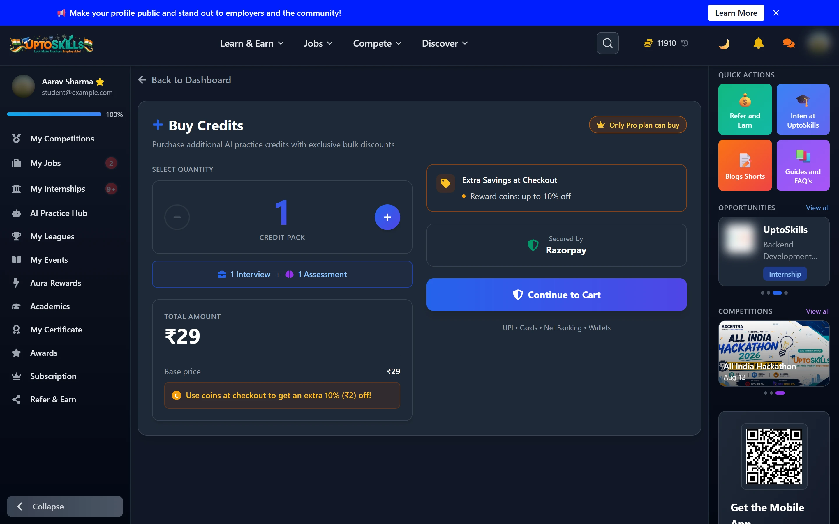 Buy Credits page for AI practice showing credit packs and coin discount