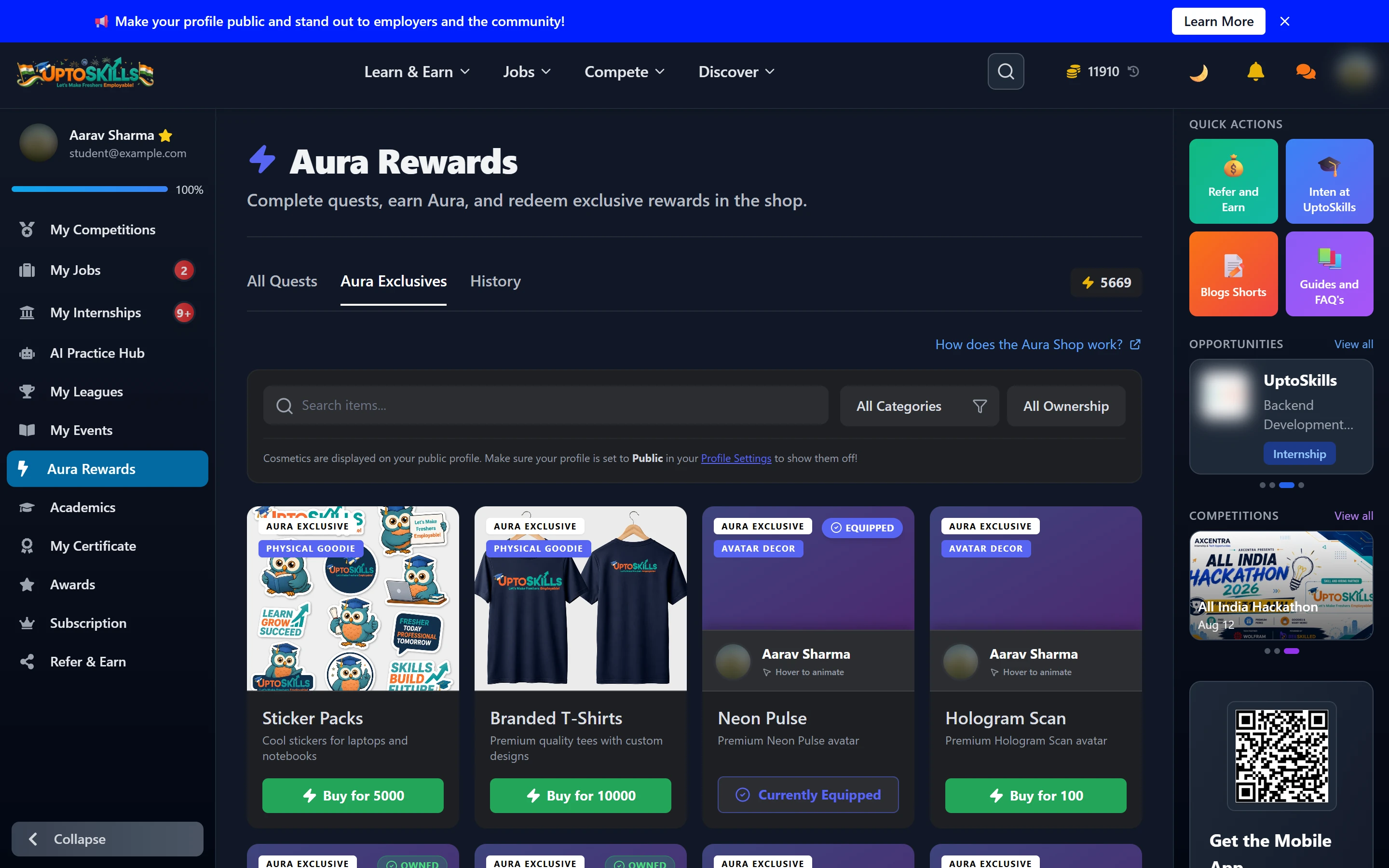 Aura Shop showing cosmetic categories and physical goodies with Aura prices
