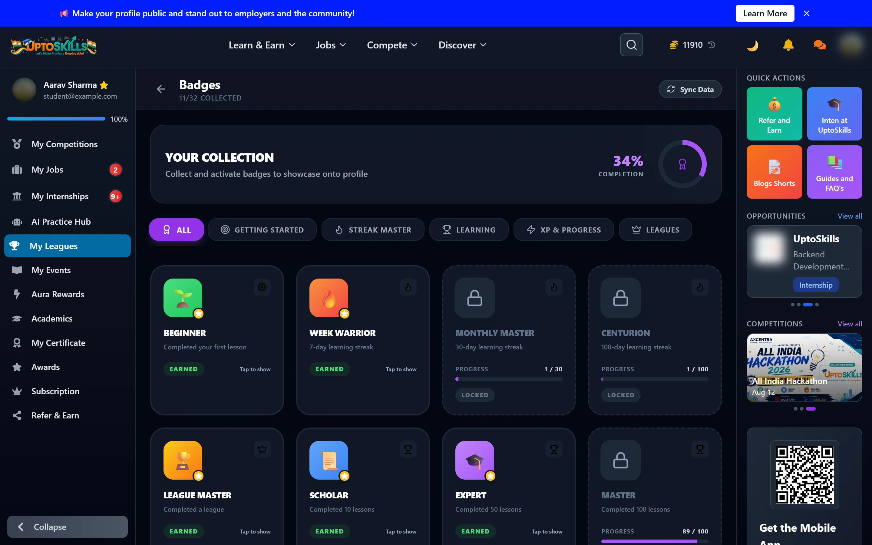 Badge collection page with earned and locked badges across categories