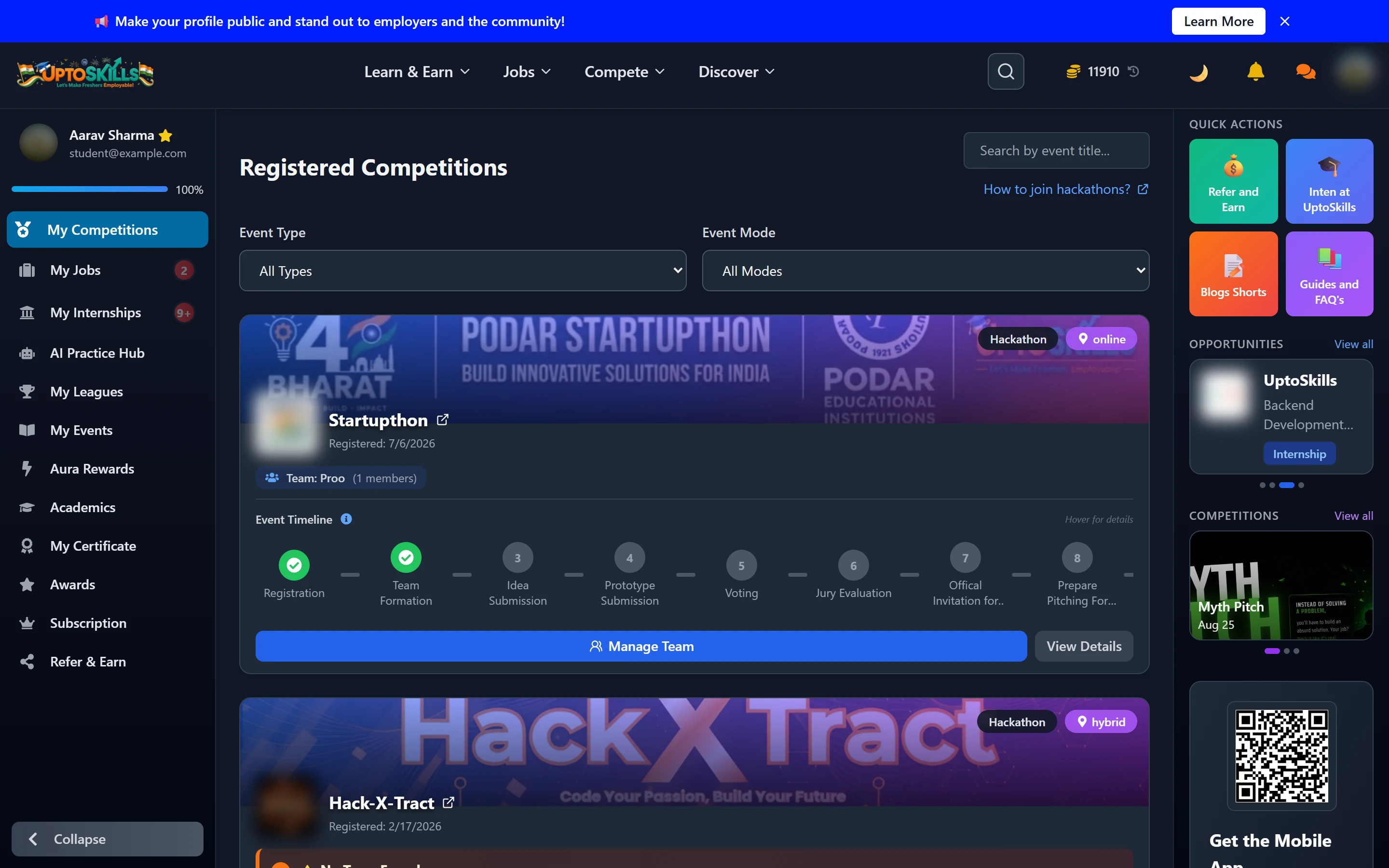 Hackathons and Competitions on the UptoSkills Student Dashboard