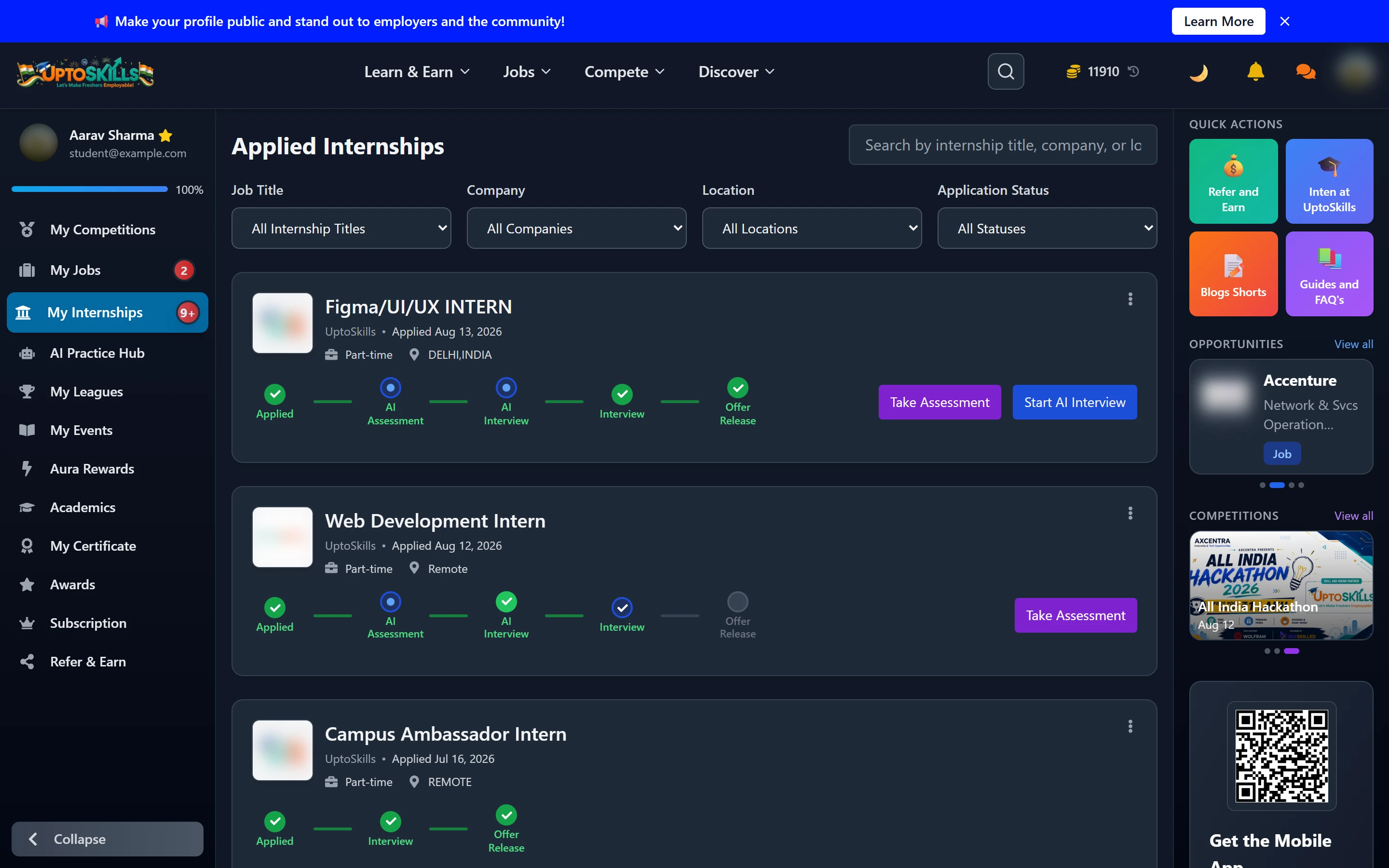 My Internships page showing internship applications and their statuses