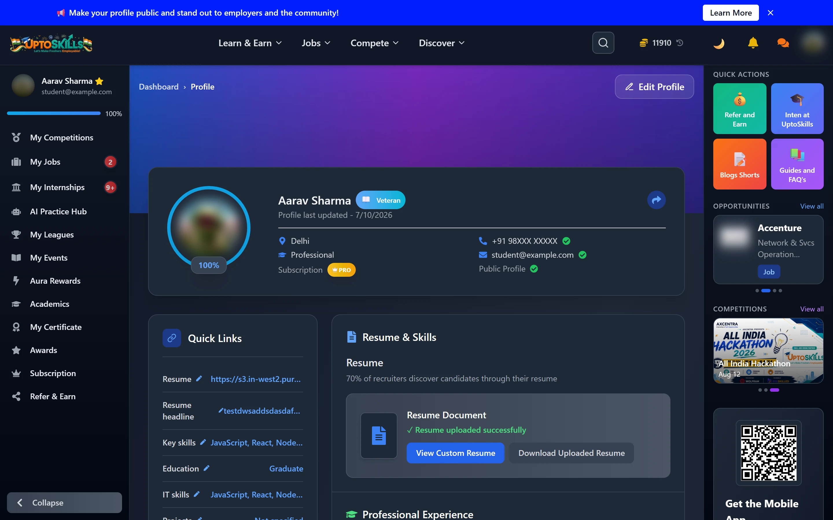 Student Profile and Resume Builder on UptoSkills