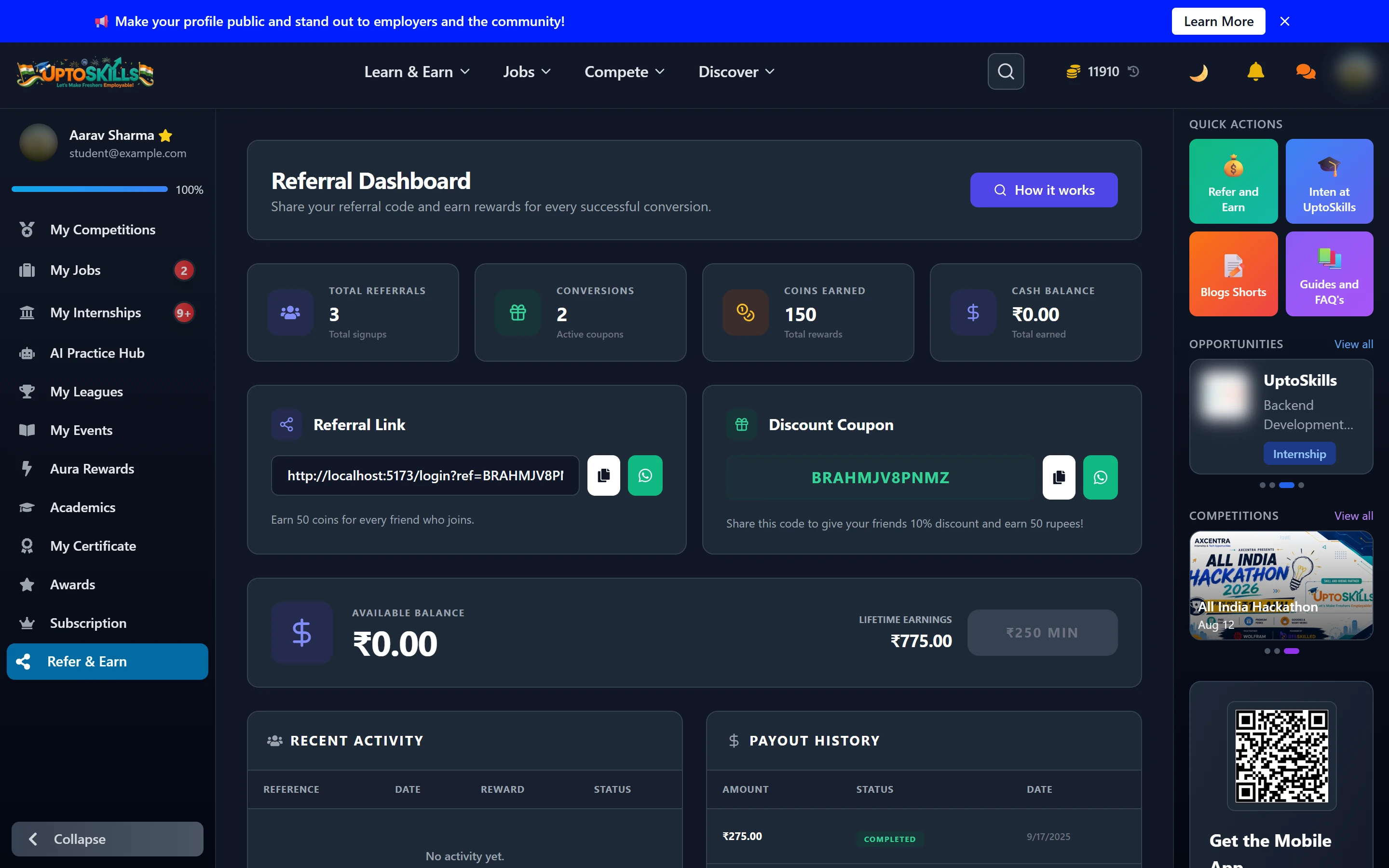 Refer and Earn: Coins, Coupons and Cash Payouts for Students