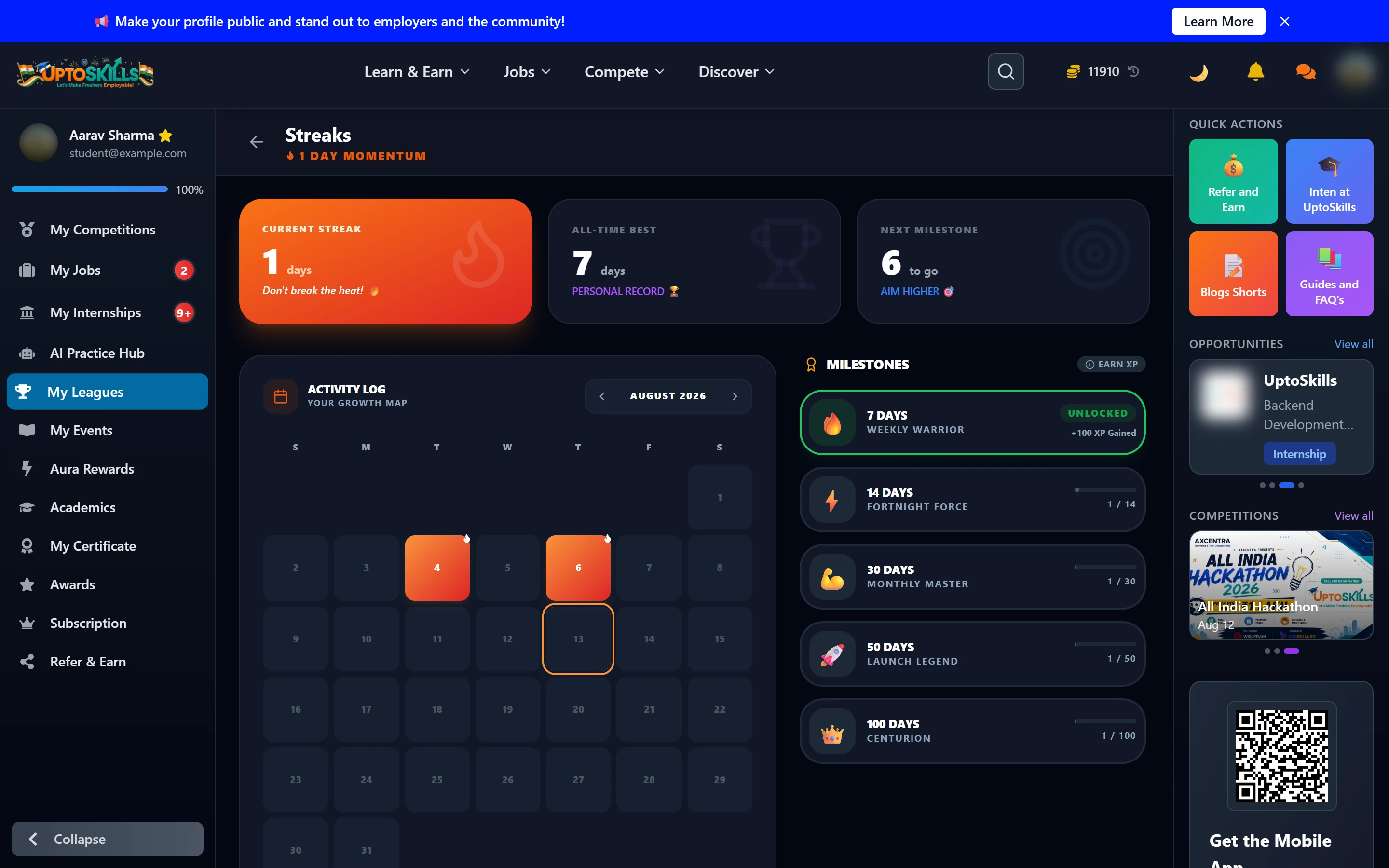 Streak page with current streak, all-time best, activity calendar and milestone list