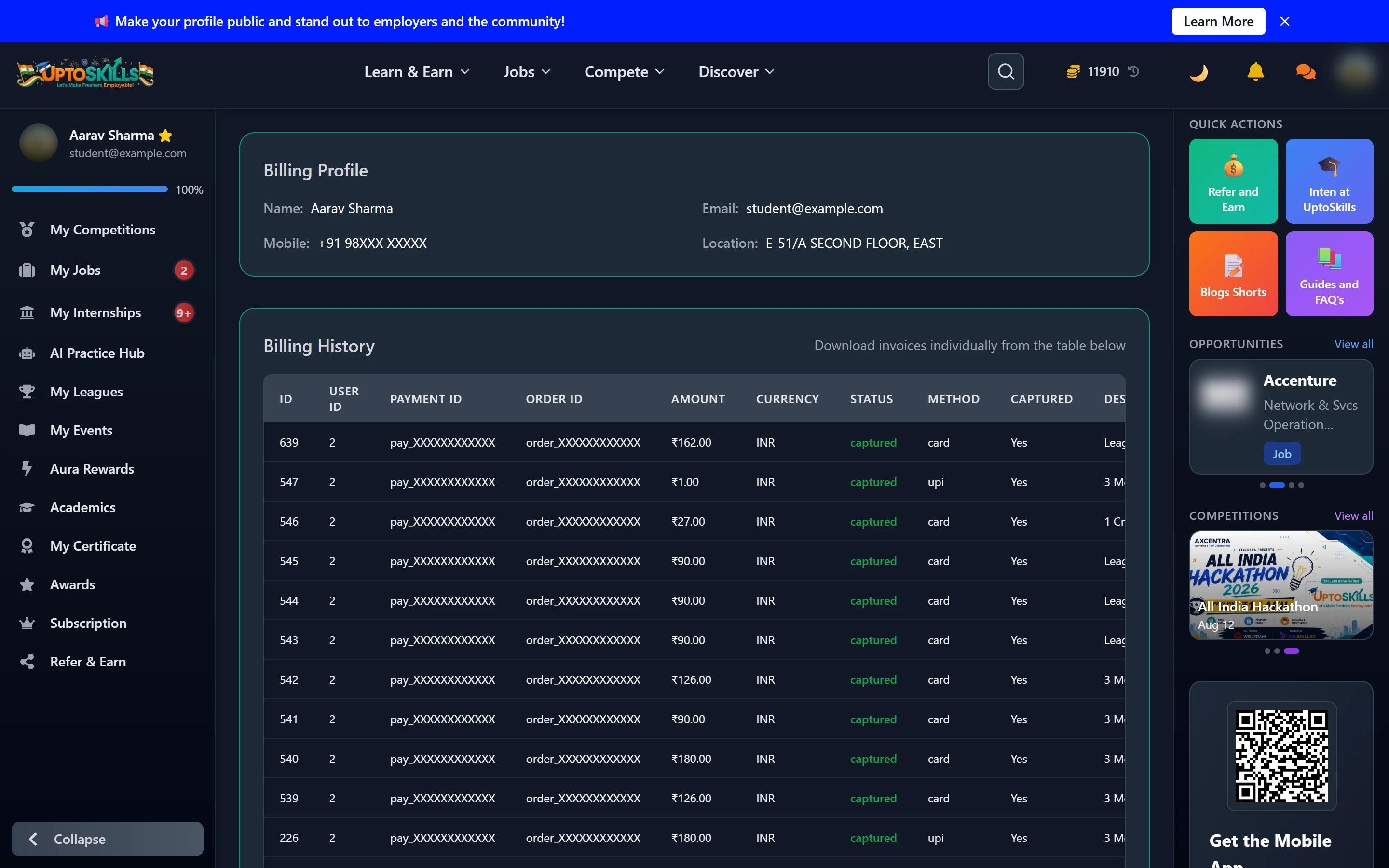 Student billing page with billing profile and downloadable invoice history