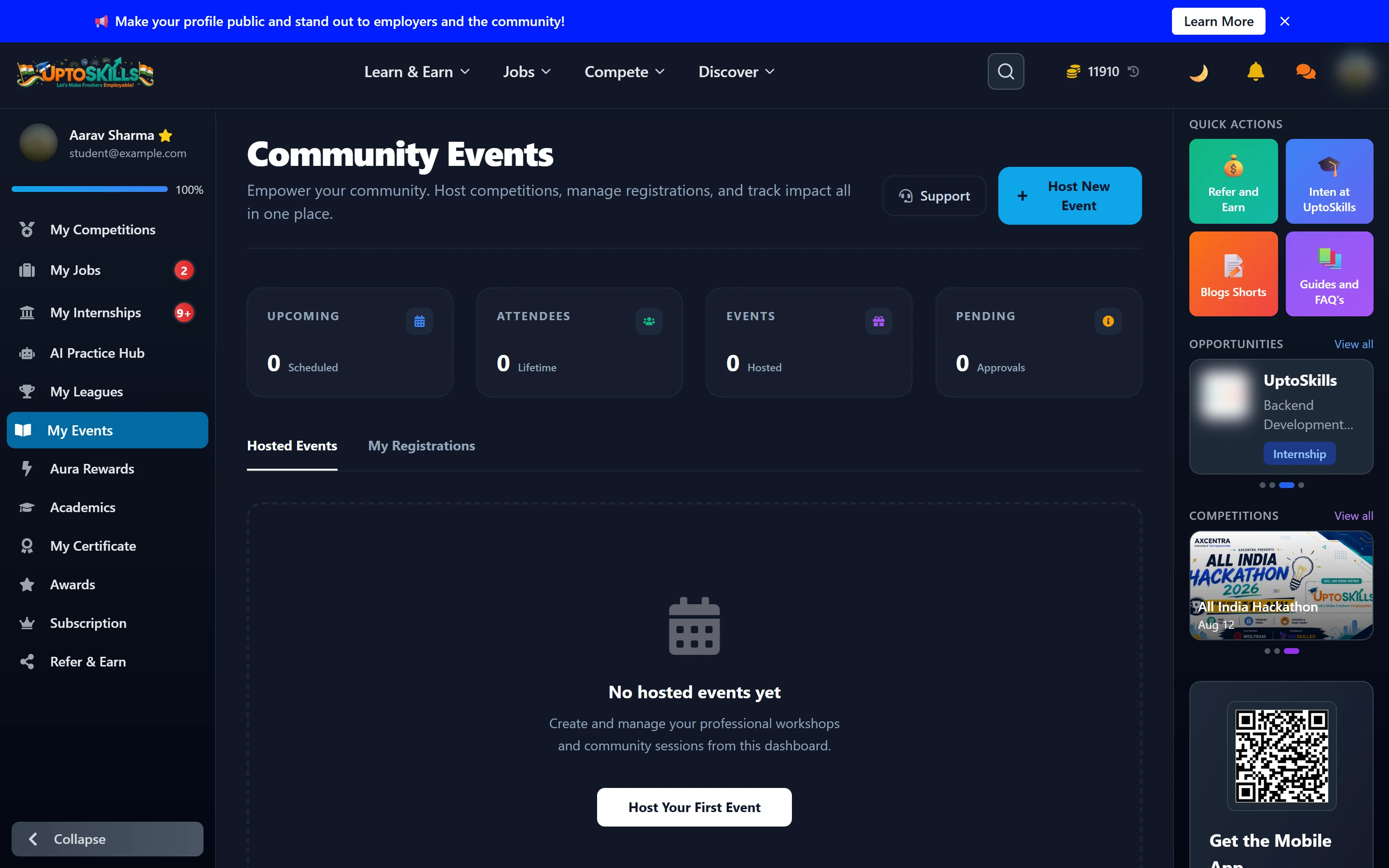Community Events page with hosted events, registrations and the partnership programme