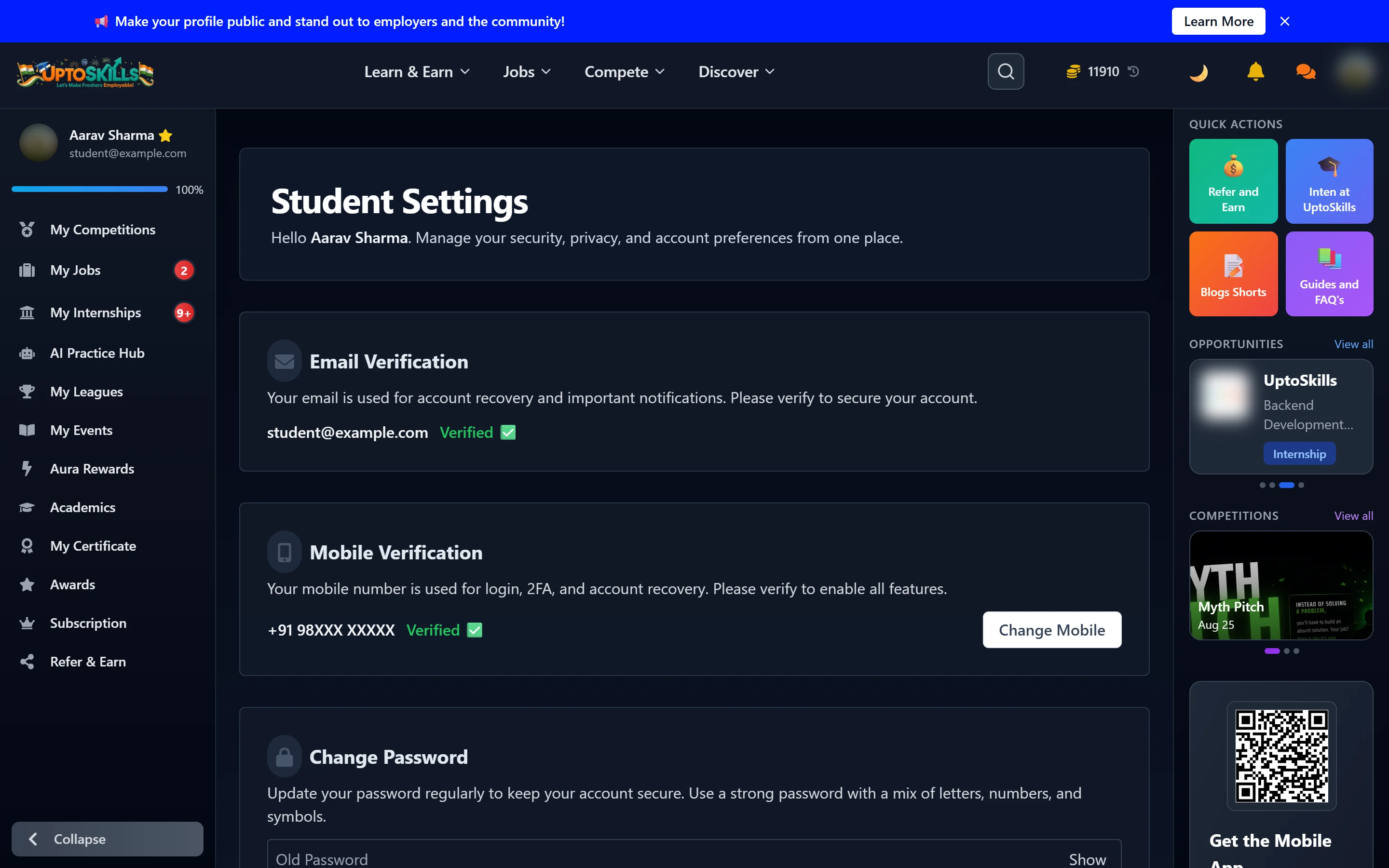 Student settings showing verification status, password, sessions and 2FA controls