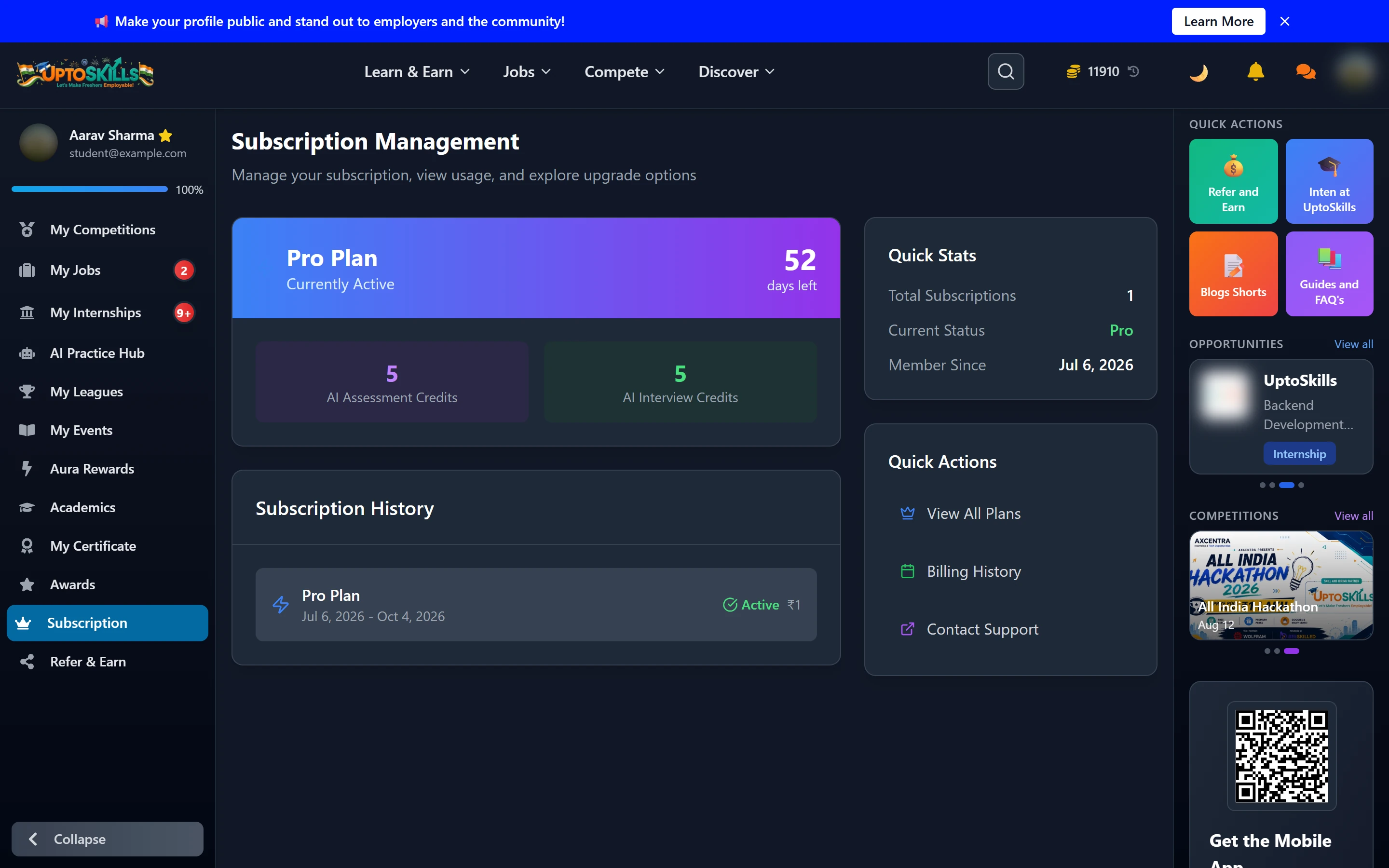 Subscription, Billing and Account Settings for Students
