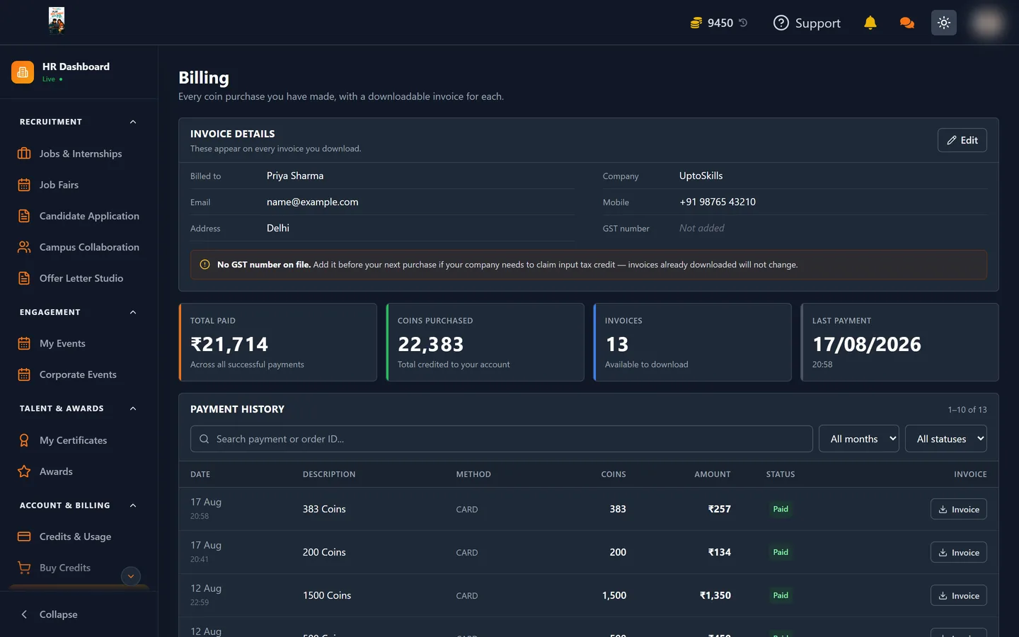 Billing page showing payment history