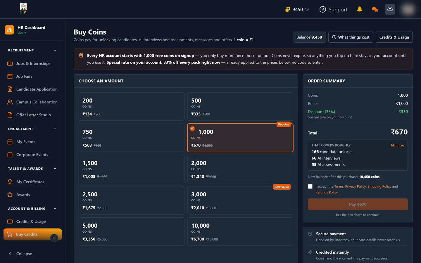 Buy Credits page showing coin packs and order summary