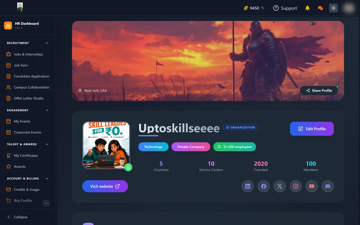 Company profile page in the UptoSkills HR dashboard