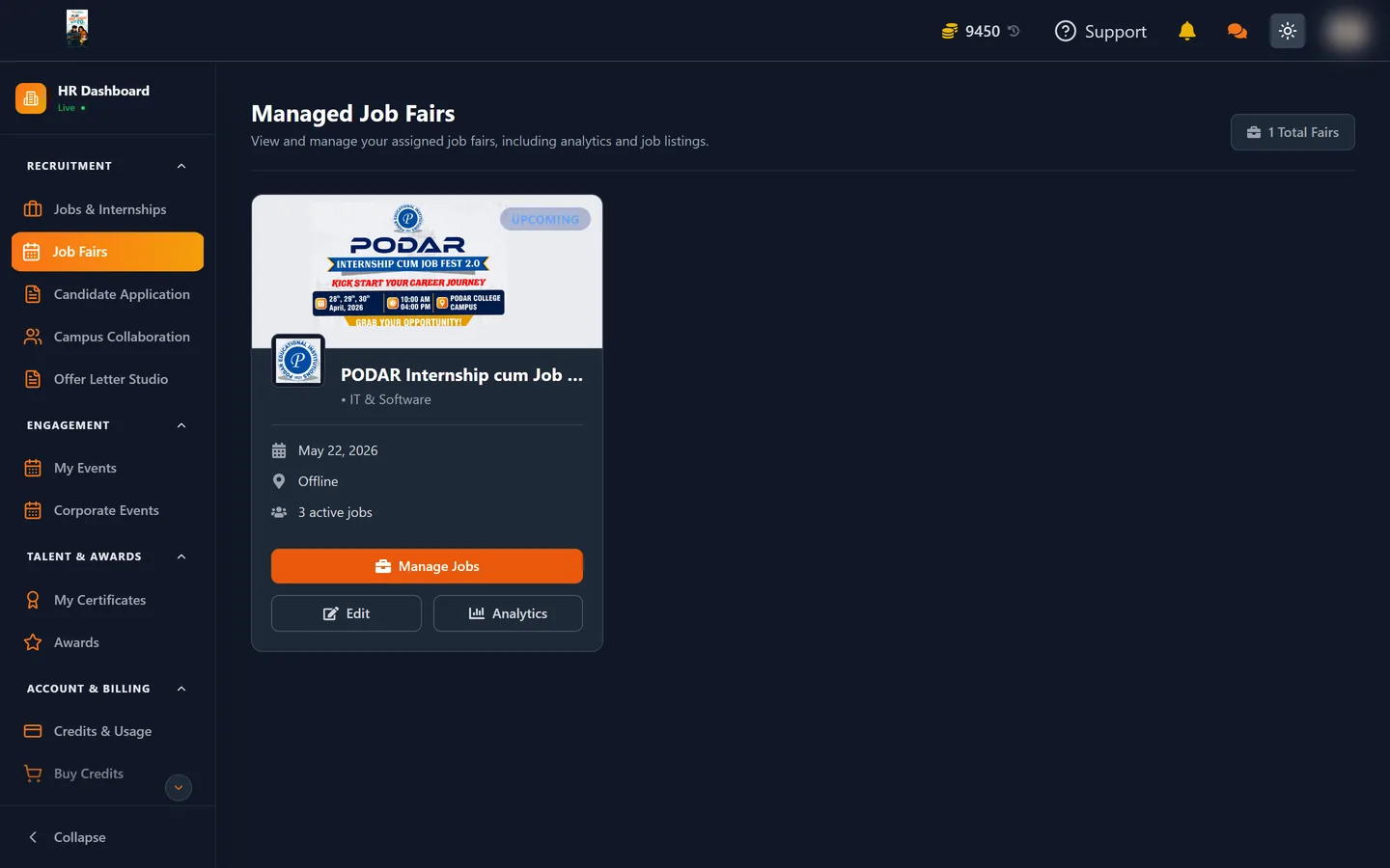 Job Fairs page in the HR dashboard