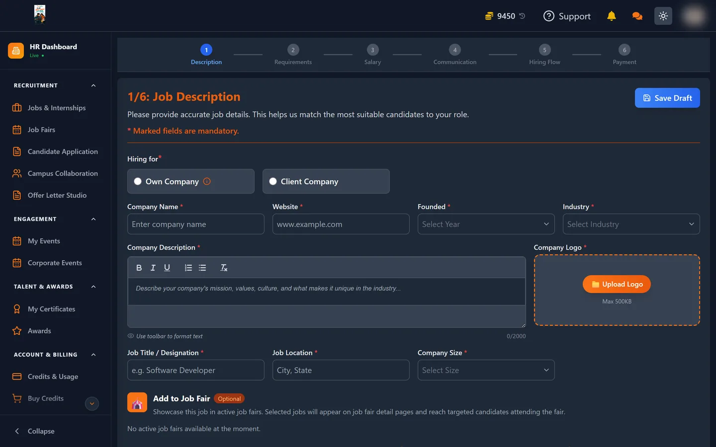 Step one of the UptoSkills job posting form, showing the six-step progress bar