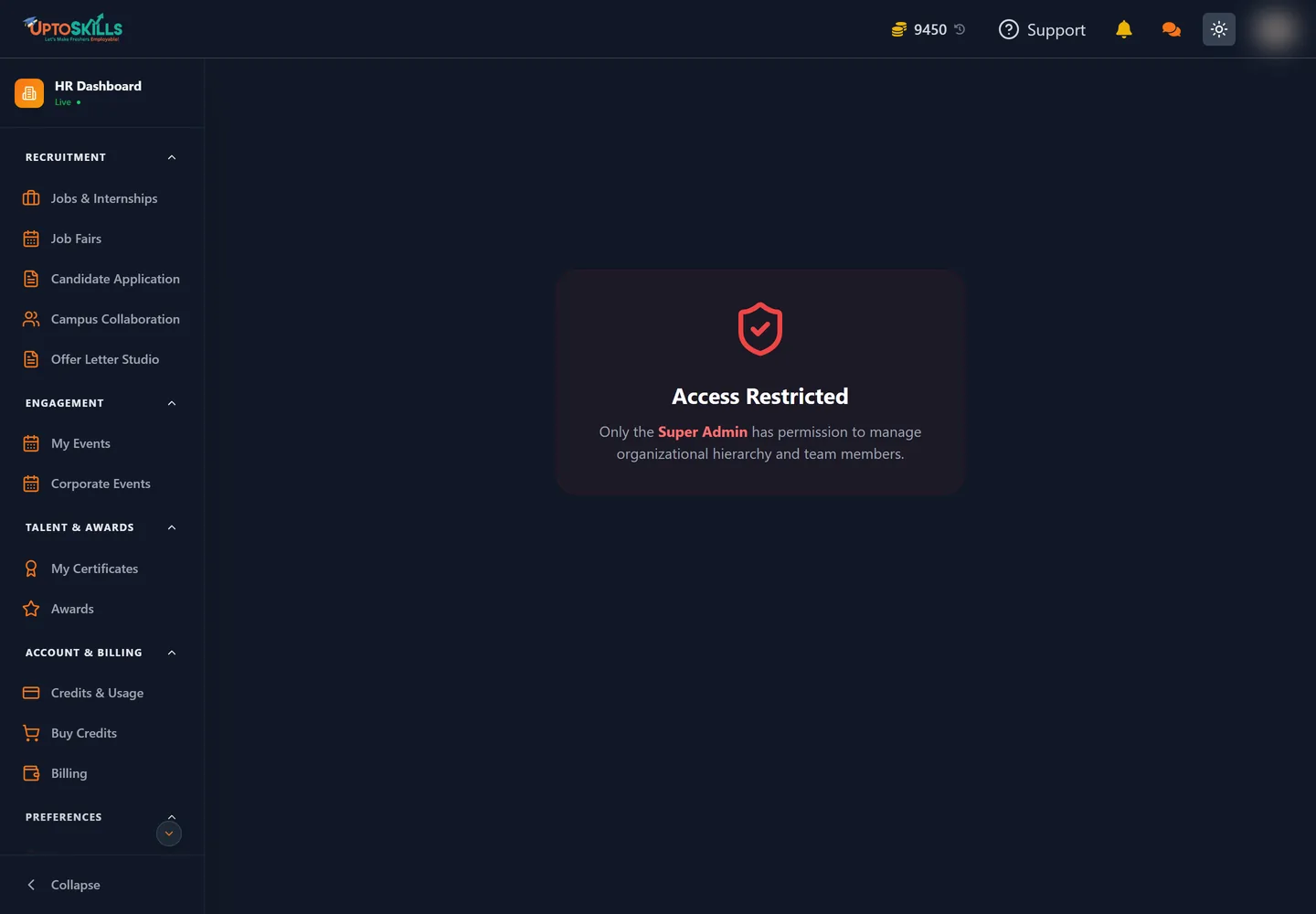 The Access Restricted screen shown to HR accounts that are not the Super Admin