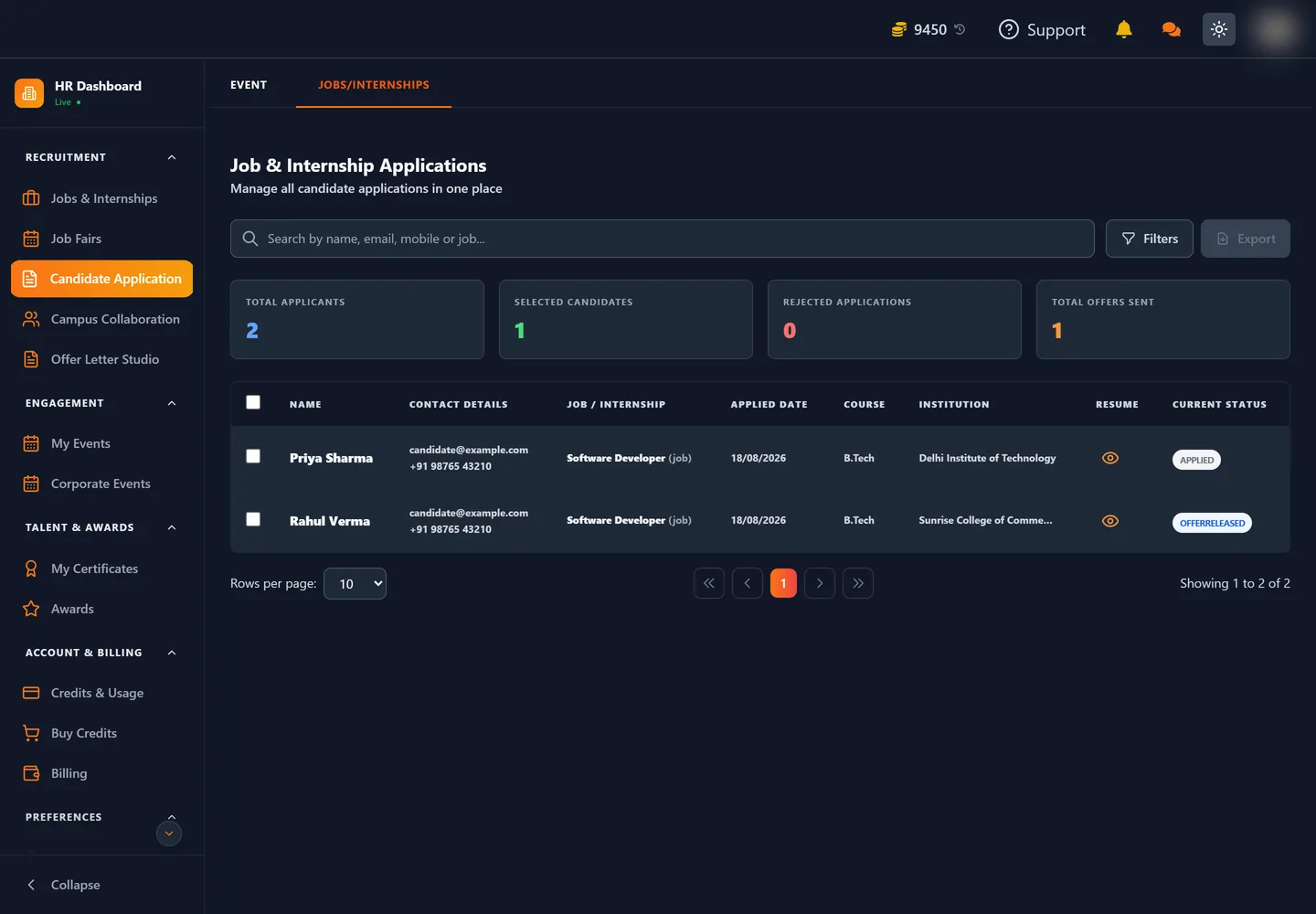 Candidate Application page listing applicants across jobs