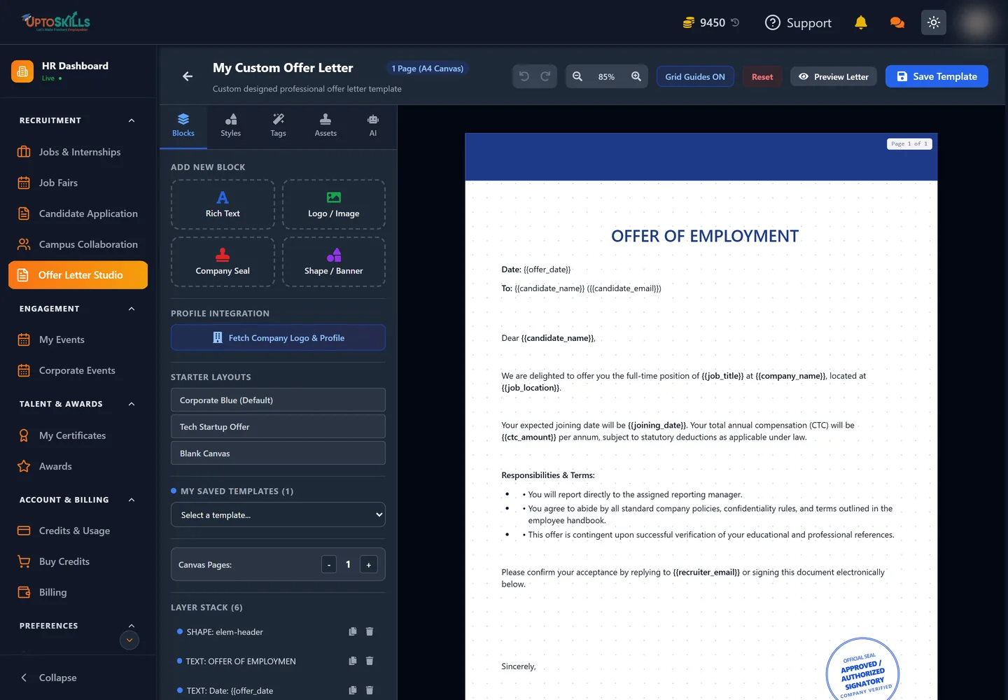 Offer Letter Studio in the HR dashboard