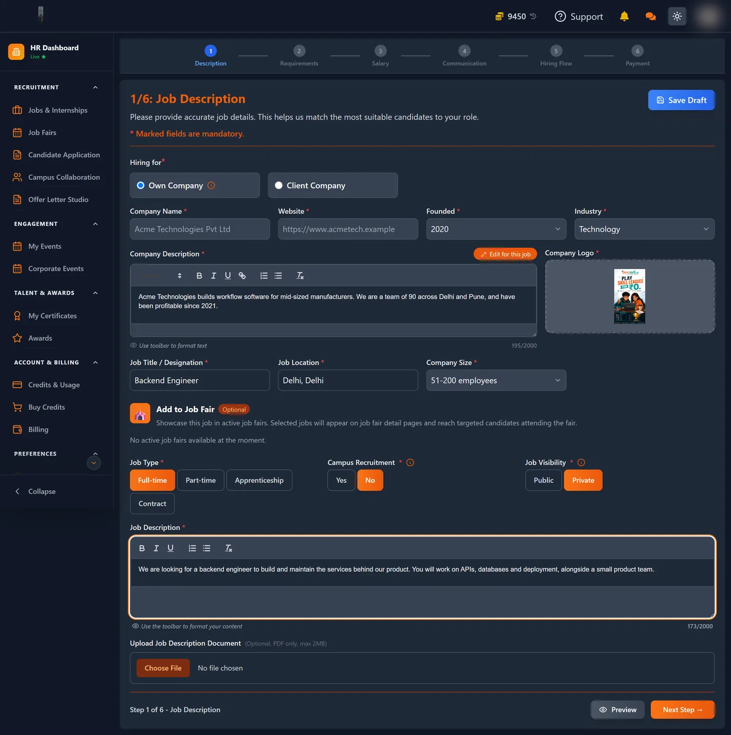 Step one of the posting form showing company details, job title, job type and visibility
