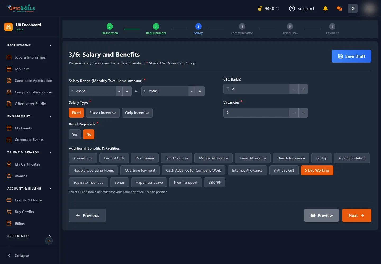 Step three of the posting form showing salary range, salary type, bond and the benefits chips