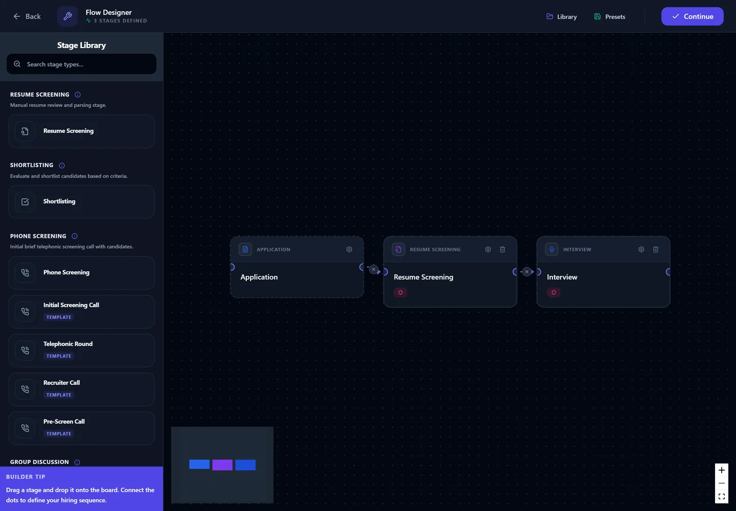 The Flow Designer showing the stage library and a three-stage pipeline on the board