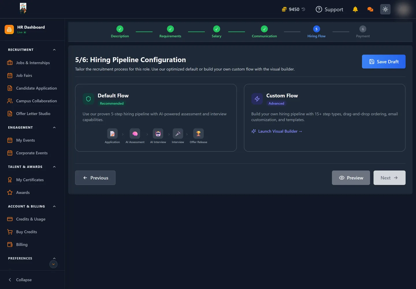 Step 5 of the posting form showing the Default Flow and Custom Flow cards side by side