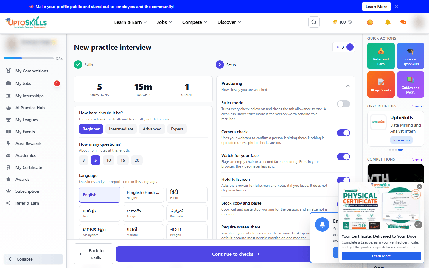 AI interview setup screen showing Strict mode, Camera check, Watch for your face, Hold fullscreen, Block copy and paste and Require screen share toggles
