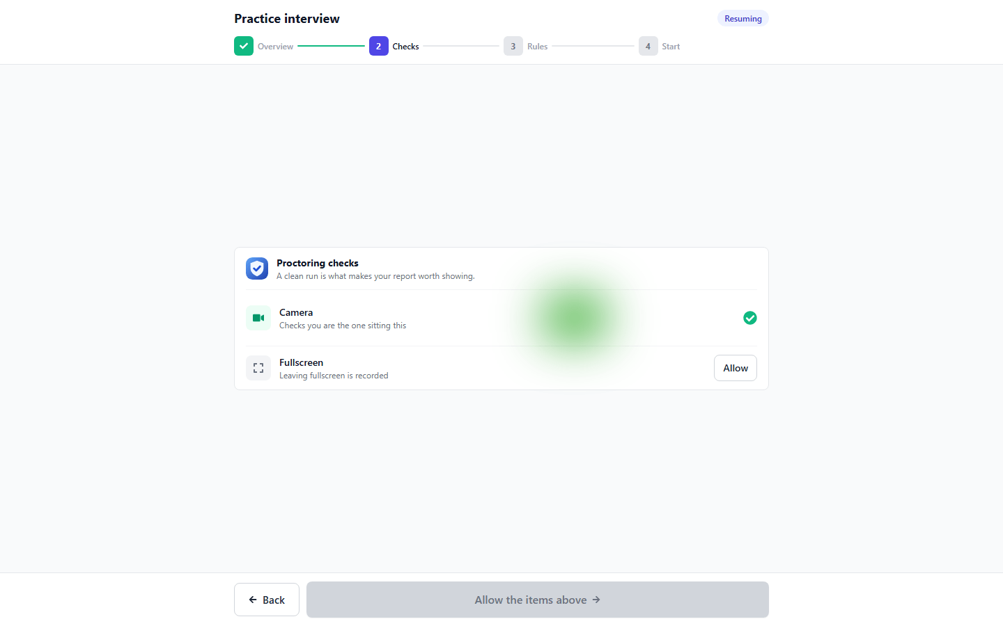 Proctoring checks screen asking to allow camera and fullscreen before an AI interview starts