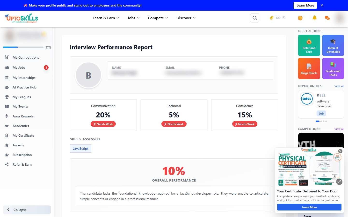 AI interview performance report showing communication, technical and confidence scores