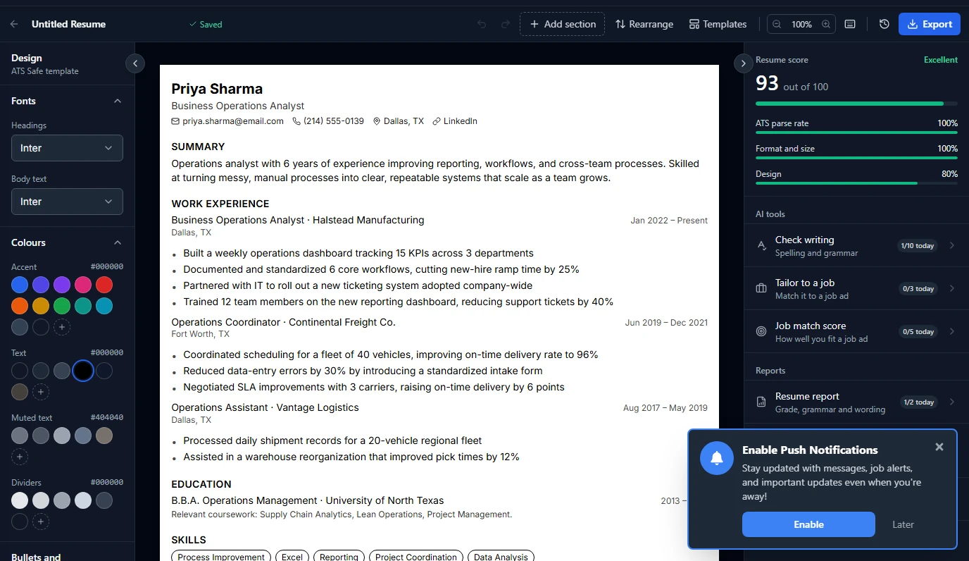 Resume builder AI tools panel listing Check writing, Tailor to a job, Job match score, Resume report and Recruiter checks