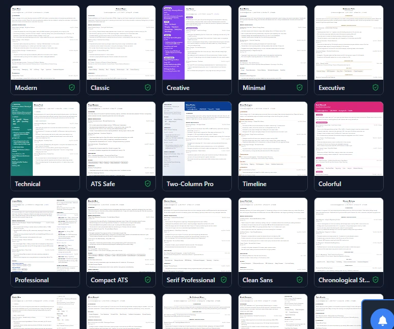 Resume builder template picker showing 21 templates in a grid, dark mode
