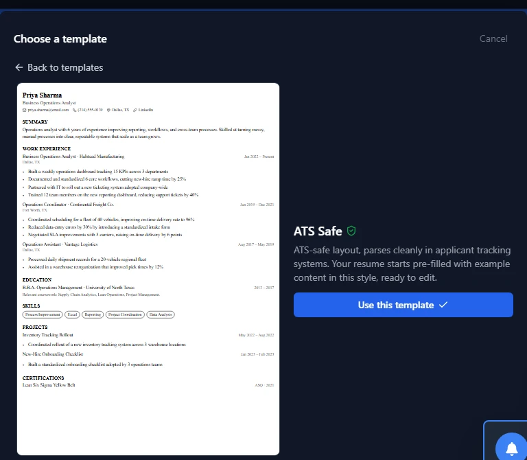 Template preview panel showing a sample ATS Safe resume before creating it