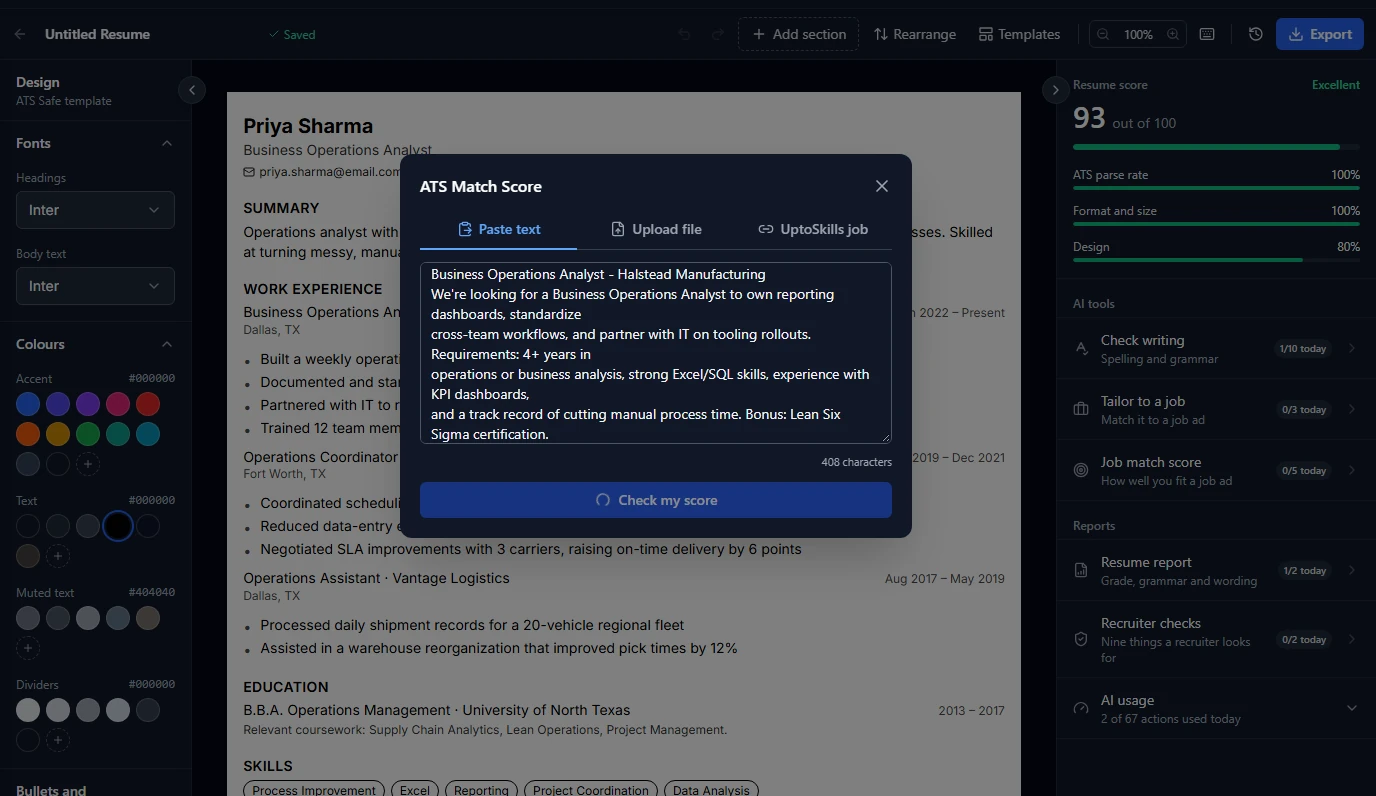 ATS Match Score panel with a job description pasted in and a Check my score button