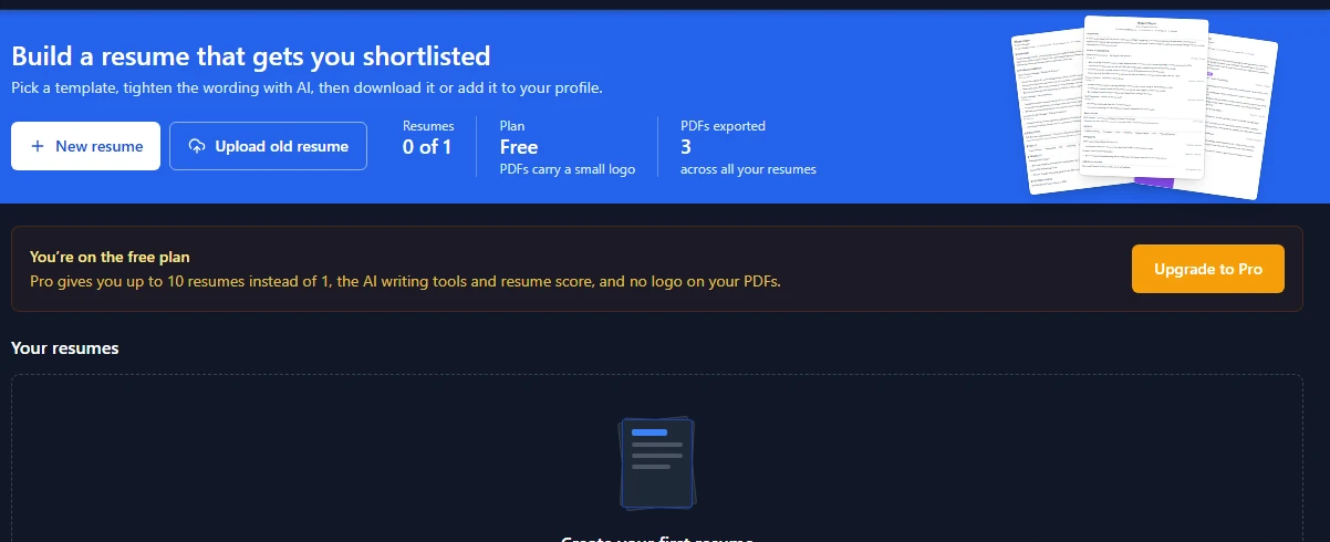 Resume builder dashboard on the free plan, showing the upgrade banner and empty state