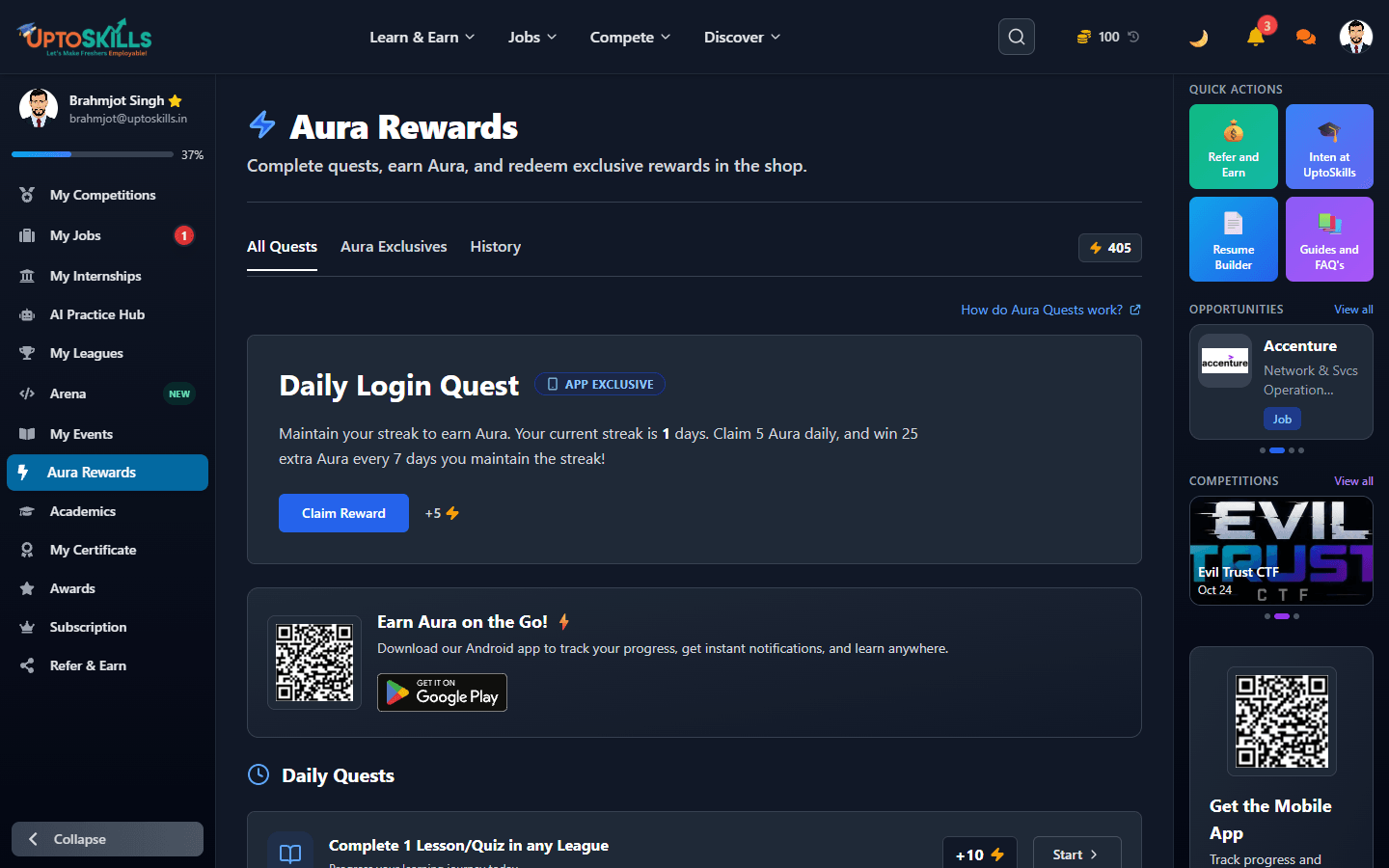 Aura Rewards quest list showing the daily login quest and daily quests