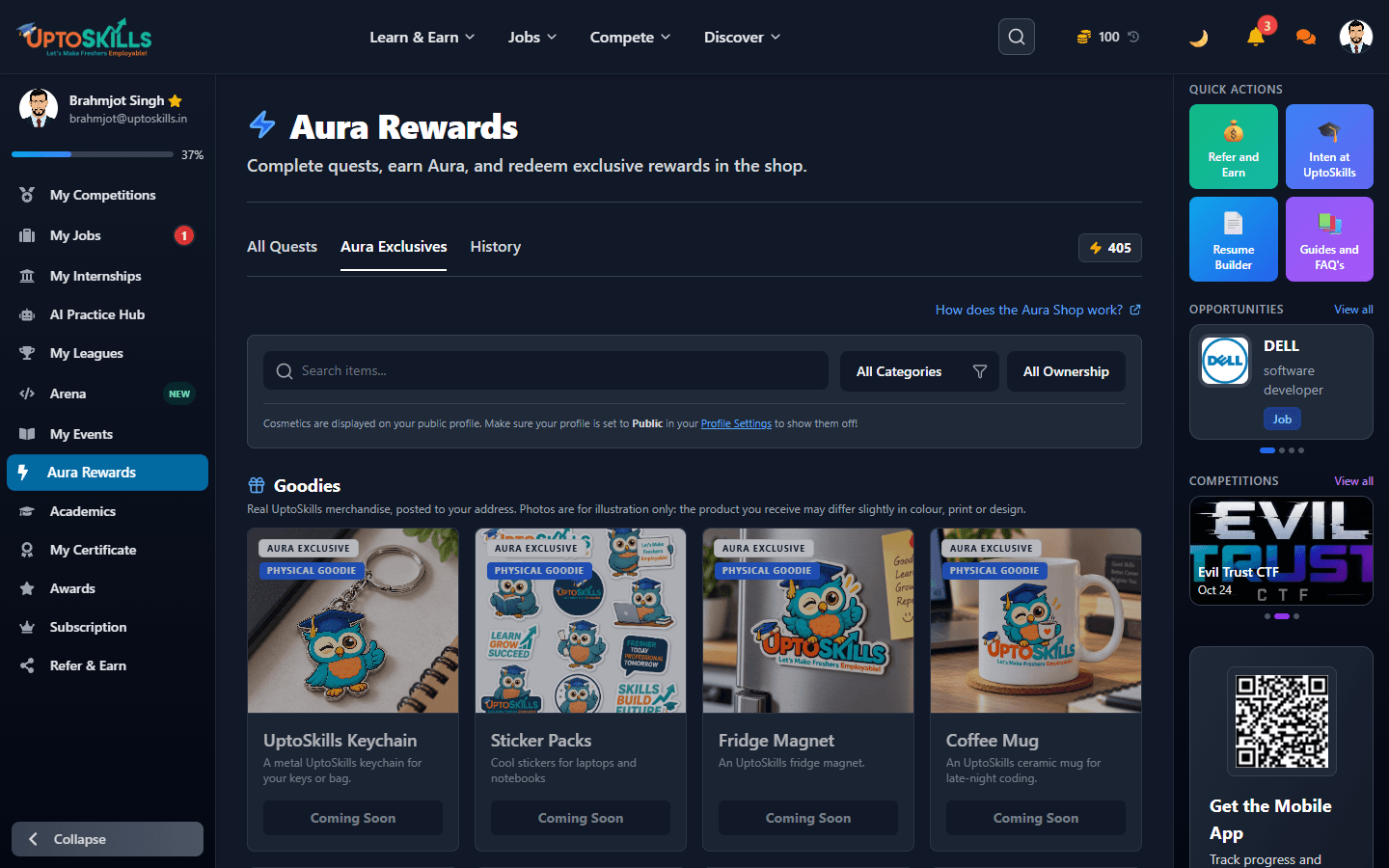 Aura Shop Goodies section showing physical merchandise with Aura prices