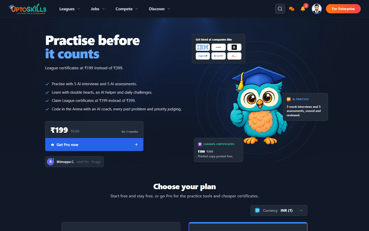 UptoSkills Pro subscription page showing the 199 rupee plan and feature list