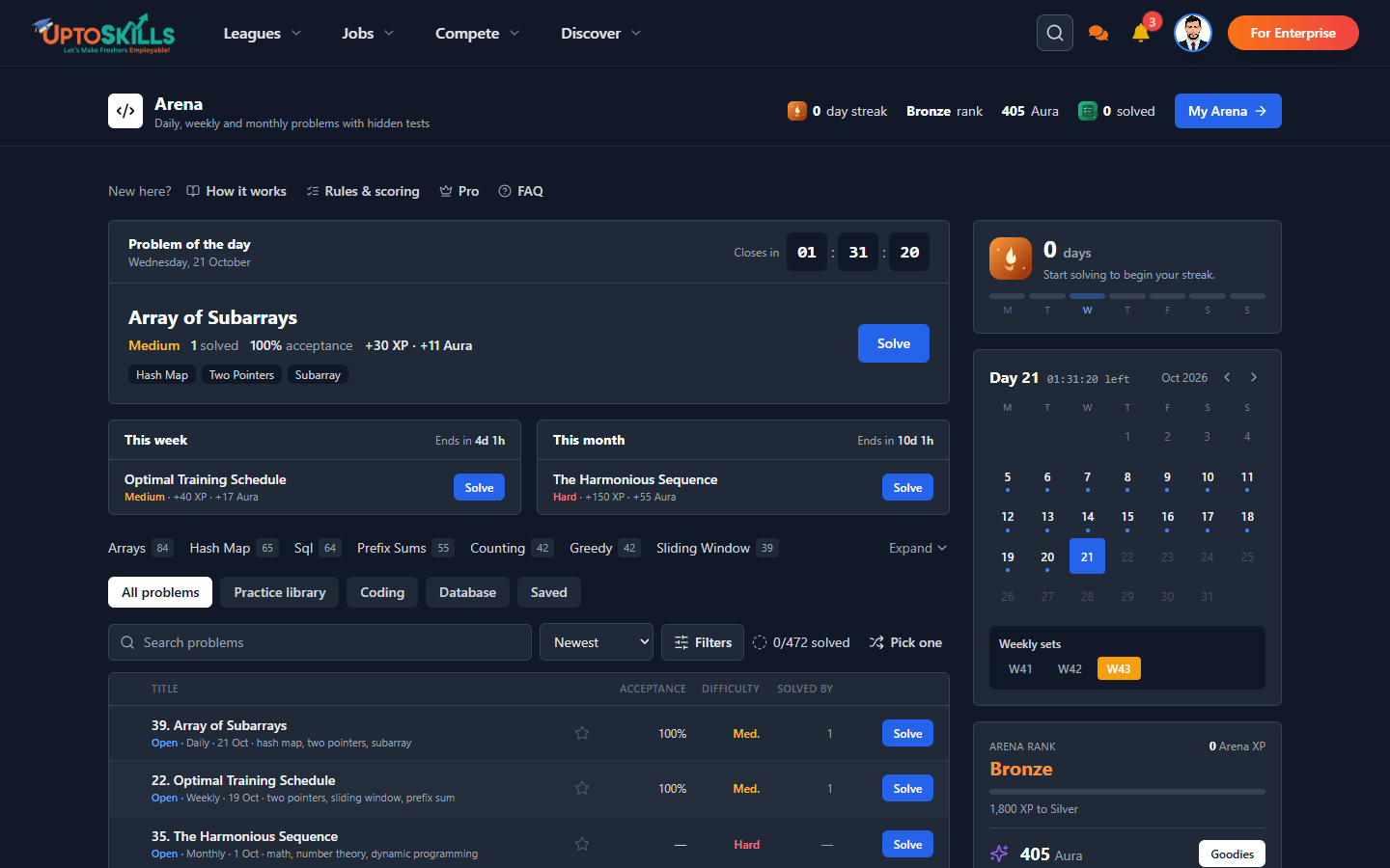 UptoSkills Arena home page showing the daily problem, weekly and monthly sets, and the problem list